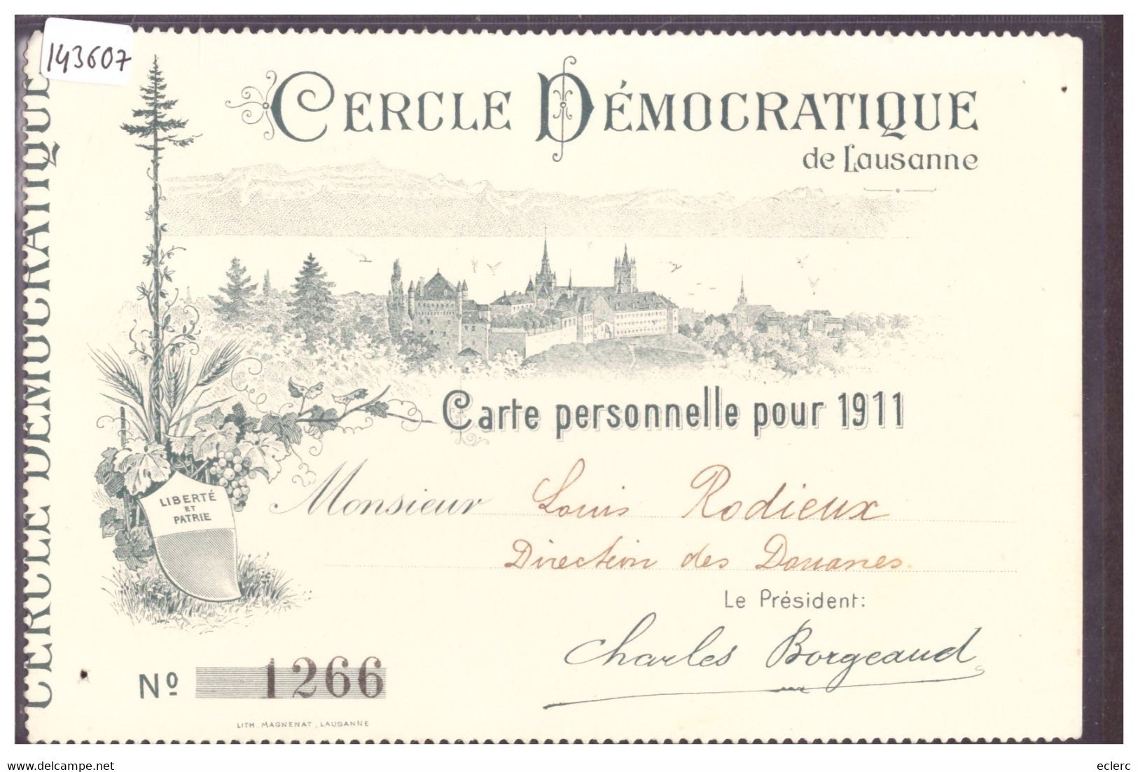 LAUSANNE - CERCLE DEMOCRATIQUE - CARTE PERSONNELLE POUR 1911 - TB - Lausanne