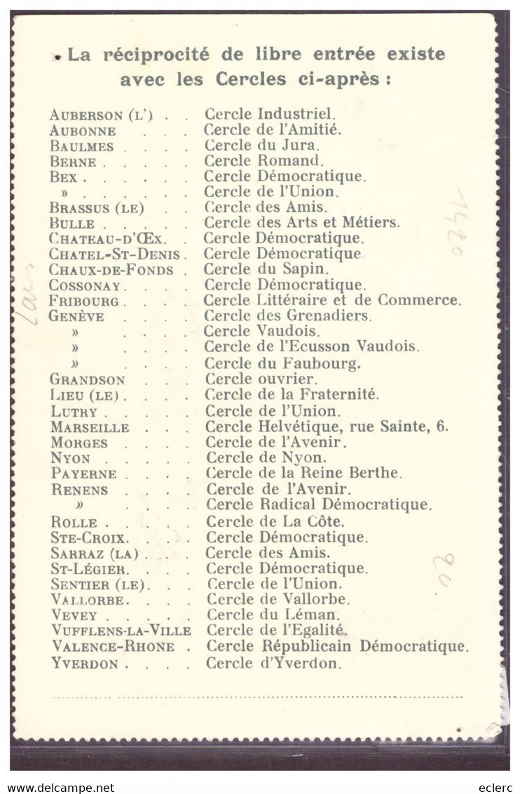 LAUSANNE - CERCLE DEMOCRATIQUE - CARTE PERSONNELLE POUR 1911 - TB - Lausanne