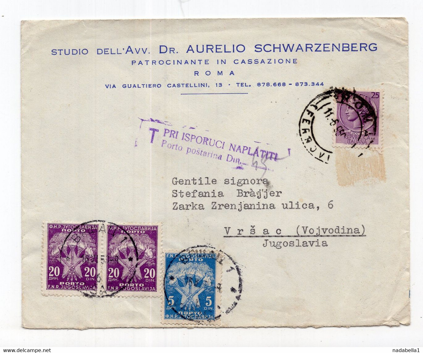 1959. YUGOSLAVIA,ITALY,ROME TO VRSAC,POSTAGE DUE 45 DIN,CHARGE ON DELIVERY - Impuestos