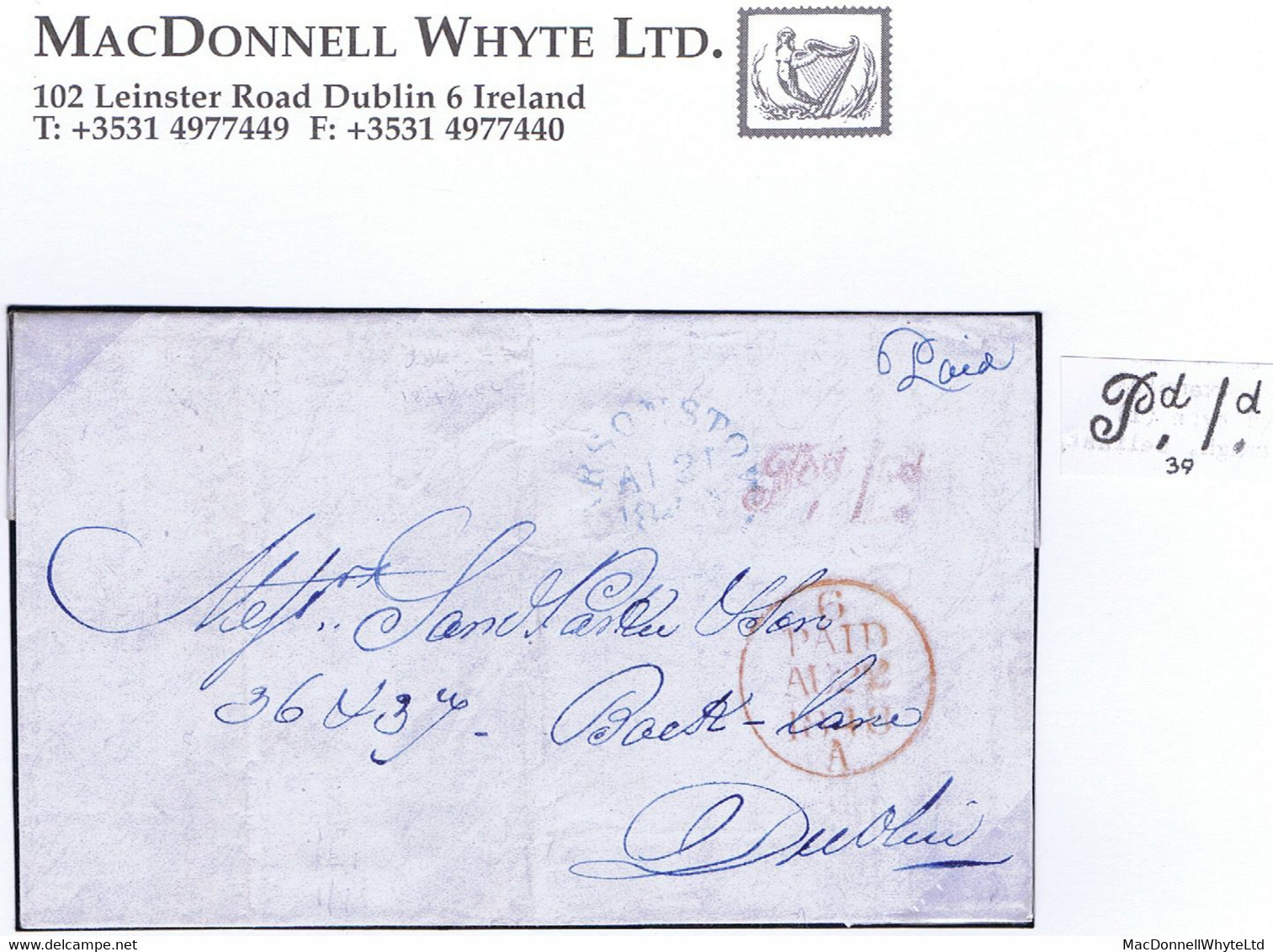 Ireland Offaly Uniform Penny Post 1848 Distinctive Script "Pd 1d" Of Parsonstown In Red On Letter To Dublin - Préphilatélie