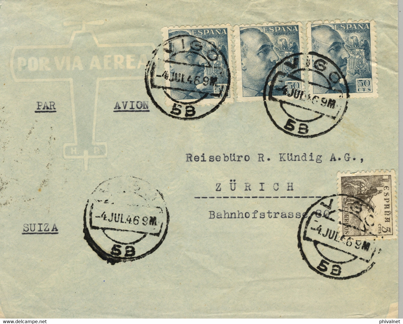 1946 PONTEVEDRA , SOBRE CIRCULADO ENTRE VIGO Y ZÜRICH , CORREO AÉREO , AL DORSO TRÁNSITO DE MADRID - Briefe U. Dokumente