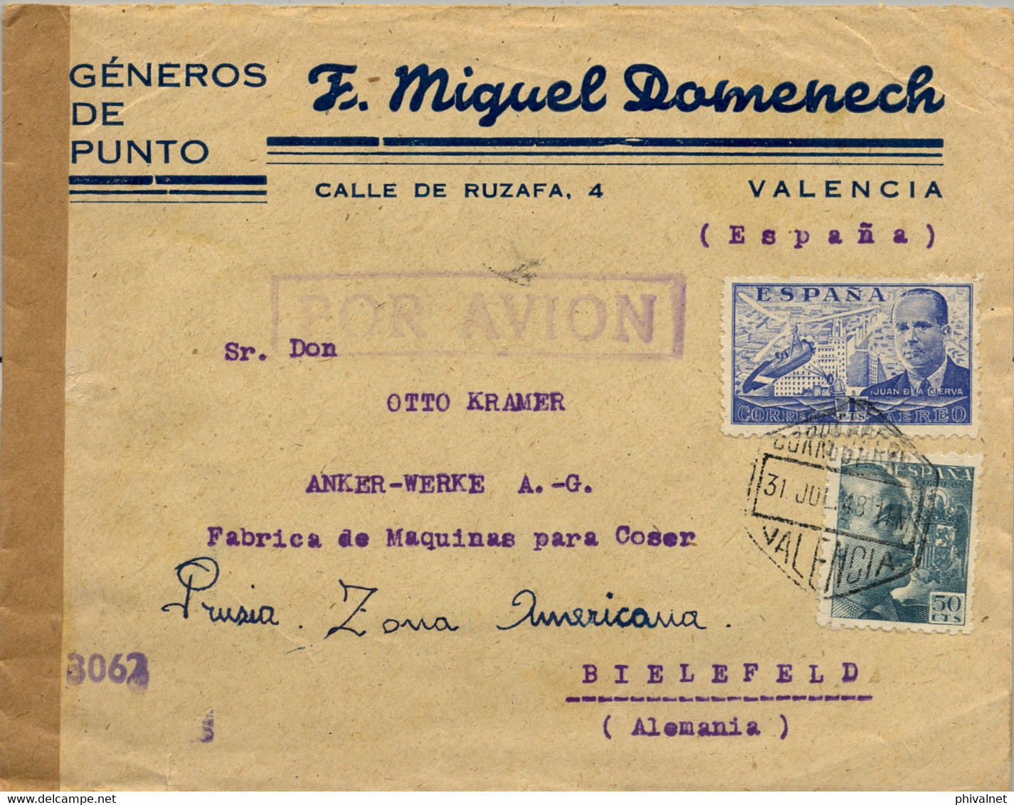 1948 VALENCIA  , SOBRE COMERCIAL CIRCULADO POR CORREO AÉREO A BIELEFELD - Briefe U. Dokumente