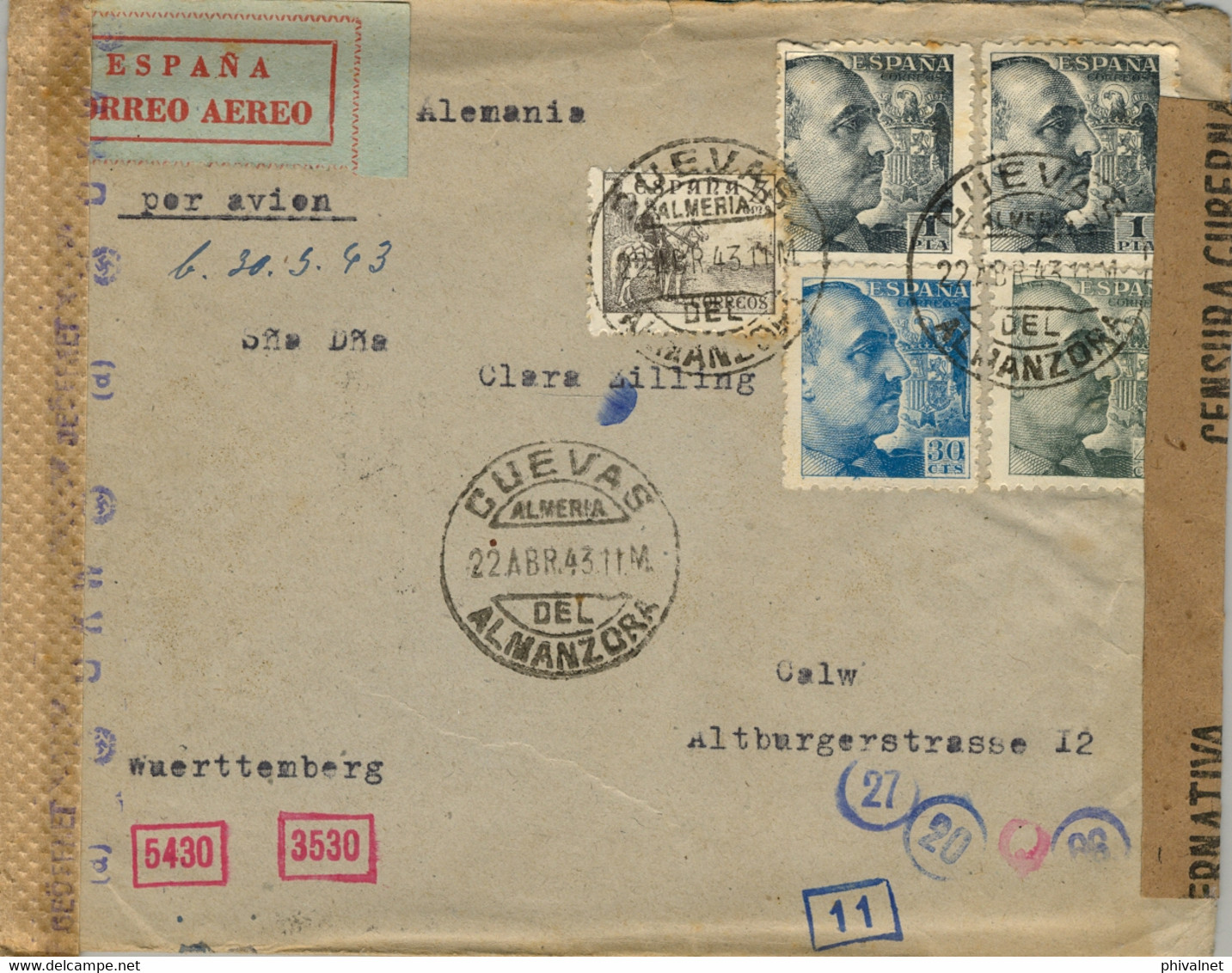 1943 ALMERIA  , SOBRE CIRCULADO ENTRE CUEVAS DEL ALMANZORA Y CALW , CORREO AÉREO , DOBLE CENSURA Y TRÁNSITO DE MADRID - Storia Postale