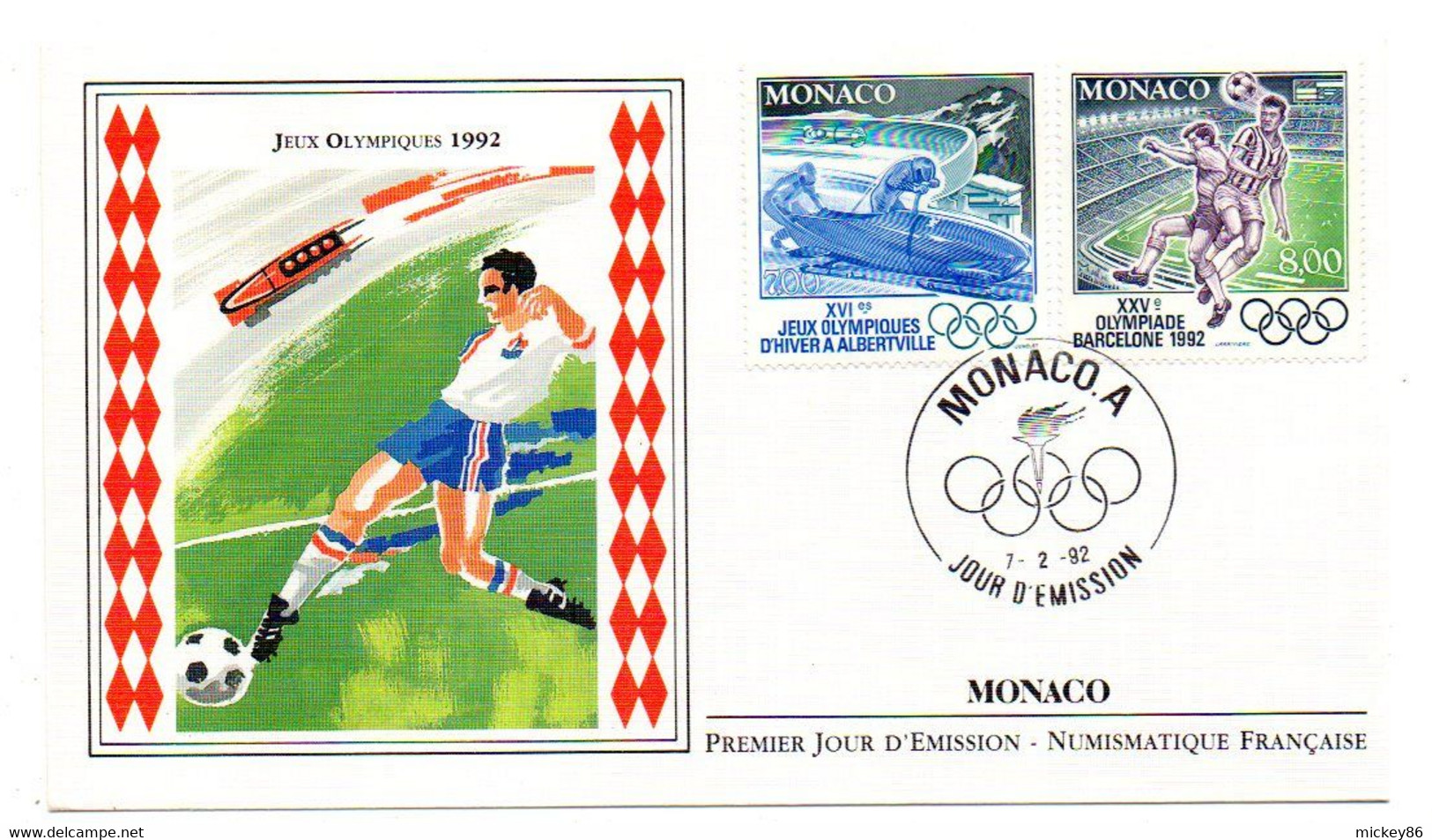 MONACO--1992-- FDC --Jeux Olympiques 1992--BARCELONE- ALBERTVILLE --football - Bobsleigh........à Saisir - Bloques