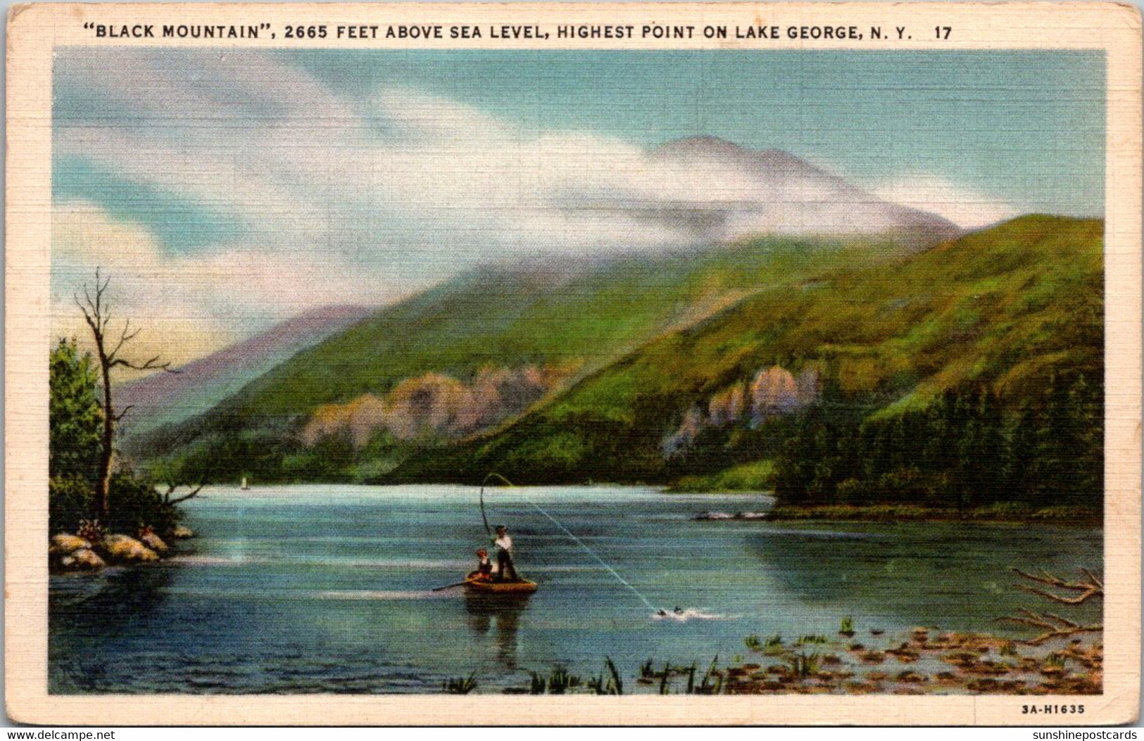 New York Lake George Fishing Scene With Black Mountain In Background Curteich - Lake George
