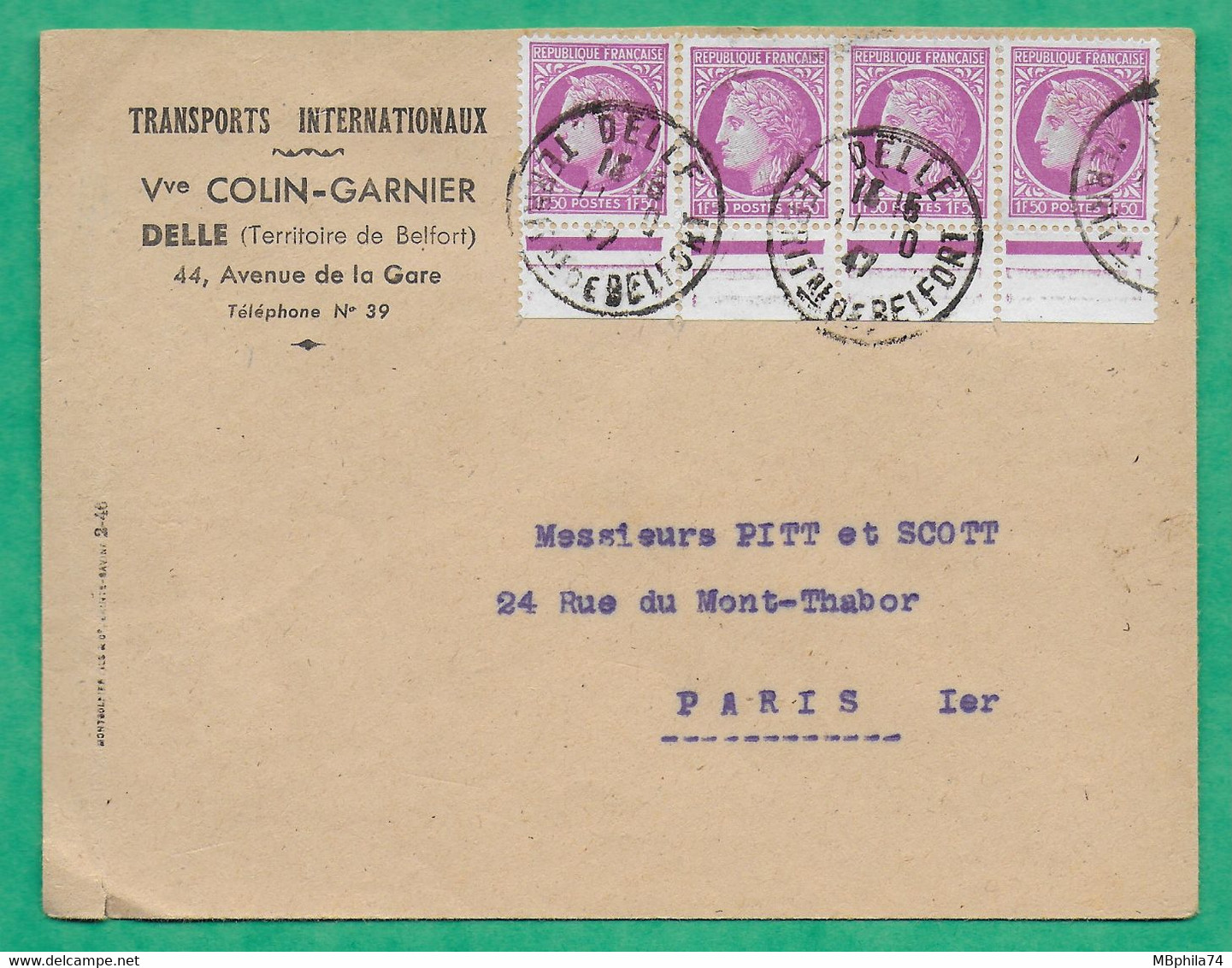 N°679 BANDE DE 4 BDF CERES MAZELIN TARIF 6F ENVELOPPE TRANSPORTS INTERNATIONAUX DELLE BELFORT POUR PARIS 1947 FRANCE - 1945-47 Cérès De Mazelin