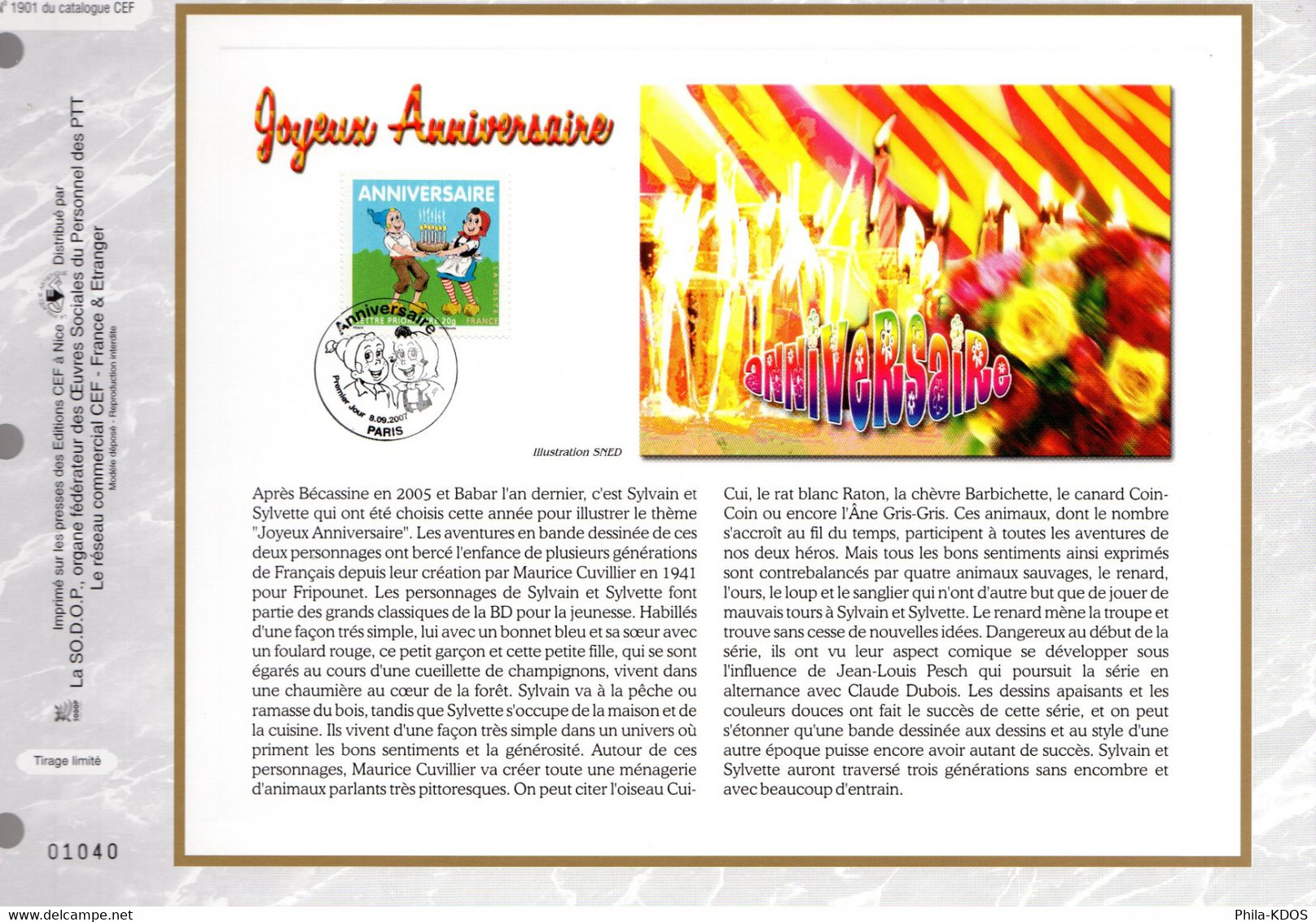 &#9989; " ANNIVERSAIRE SYLVAIN ET SYLVETTE " Sur Feuillet CEF 1er Jour De 2007 N° YT 4081. Parfait état. FDC - Cómics