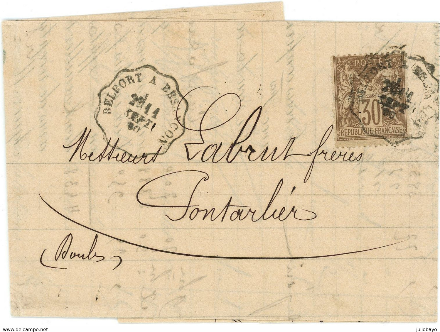 PROMO 11 Septembre 1880 Sage N°69 Convoyeur Belfort à Besancon ,lettre De L'Isle Sur Le Douds Vers Pontarlier - 1877-1920: Semi-Moderne