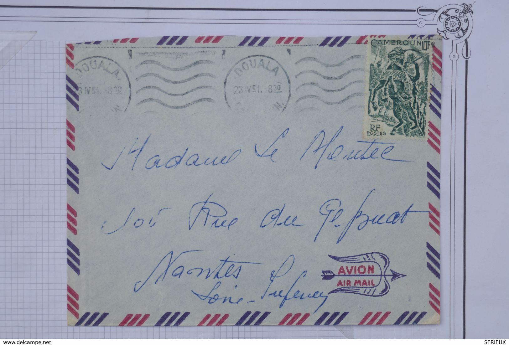 AW4 CAMEROUN BELLE  LETTRE  1951  DOUALA   A  NANTES  FRANCE +AEROPHILATELIE +AFFRANC.  PLAISANT - Covers & Documents