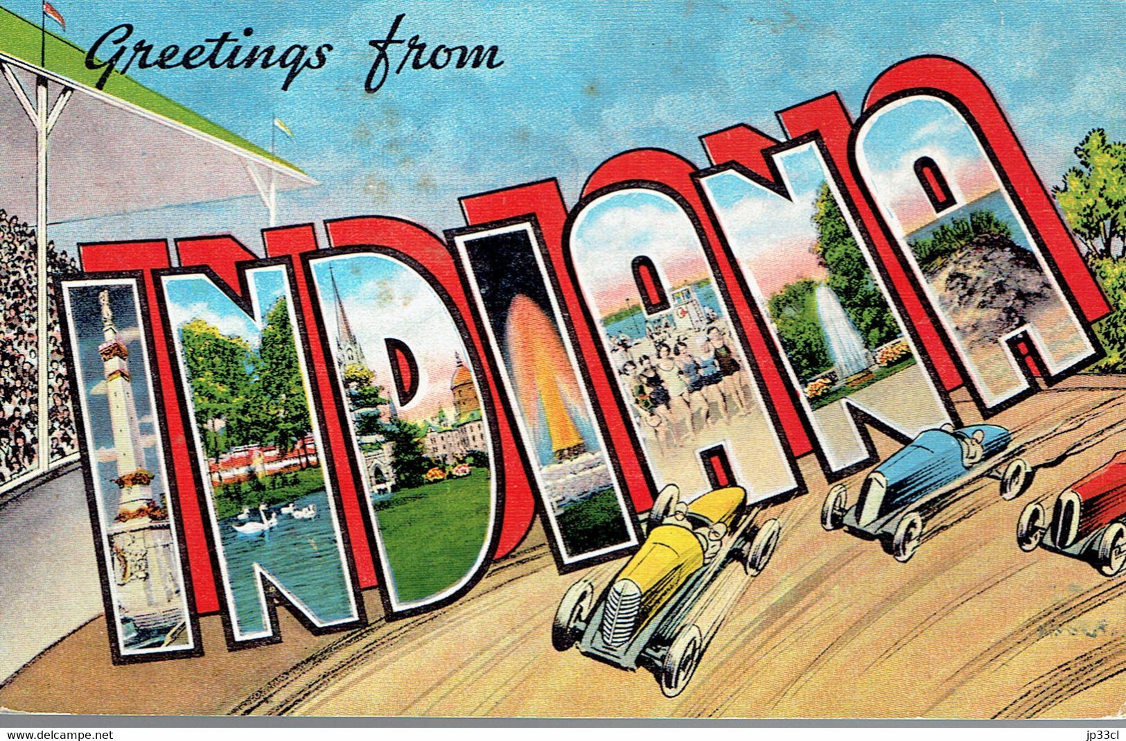 Indianapolis Motor Speedway - Large Letter Postcard "Greetings From Indiana" (From Claude E. Daily, New Albany, 1947) - Indianapolis