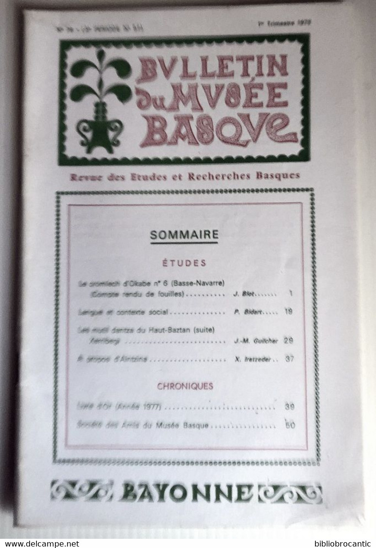 BULLETIN MUSEE BASQUE N°79(1°T.1978) < CROMLECH D'OKABE N°6 /DANTZA HT-BAZTAN:XERRIBEGI:chroniques/Somm.sur Sca - Pays Basque