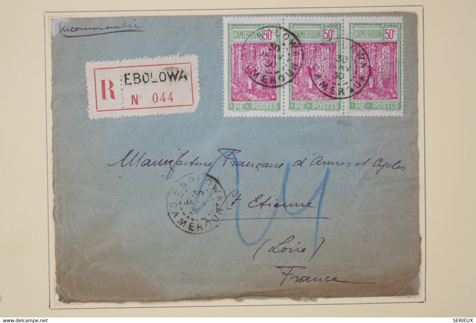 C CAMEROUN BELLE  LETTRE RECOM.  1930 PETIT BUREAU EBOLOWA  A  ST ETIENNE    FRANCE +BANDE DE TP +C CIRE+AFFR. PLAISANT - Storia Postale