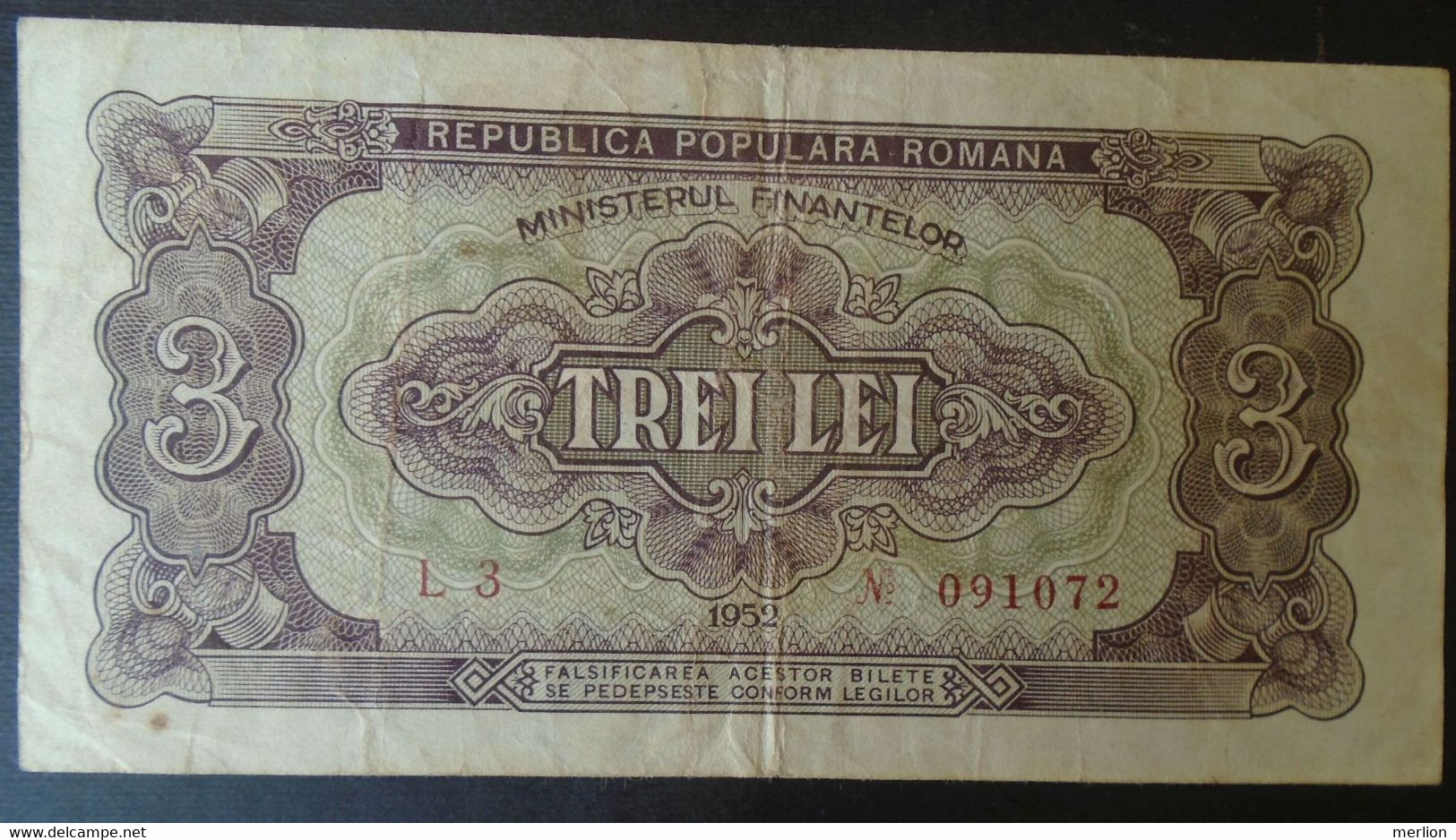 27  56    ROMANIA   3 Leu 1952   Red Serial  -rare - Roumanie