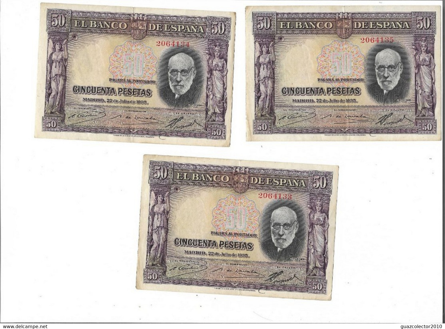 ESPAÑA: TRIO CORRELATIVO 50 PESETAS RAMON Y CAJAL. AÑO 1935. SIN SERIE. BC+. - 50 Peseten