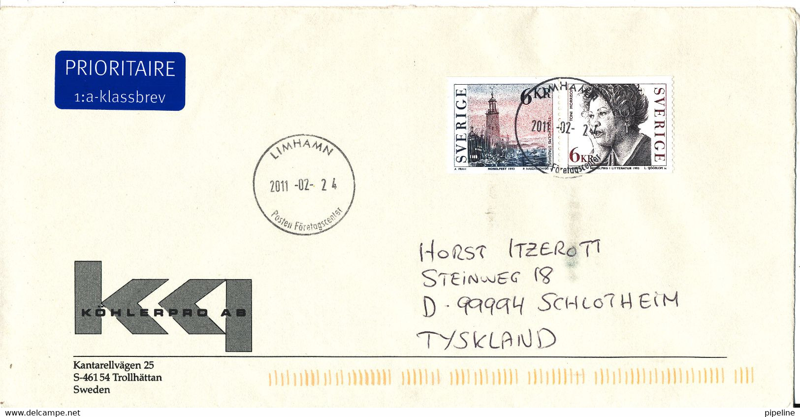 Sweden Cover Sent To Germany Limhamn 24-2-2011 Topic Stamps In Pair NOBEL 1993 - Briefe U. Dokumente
