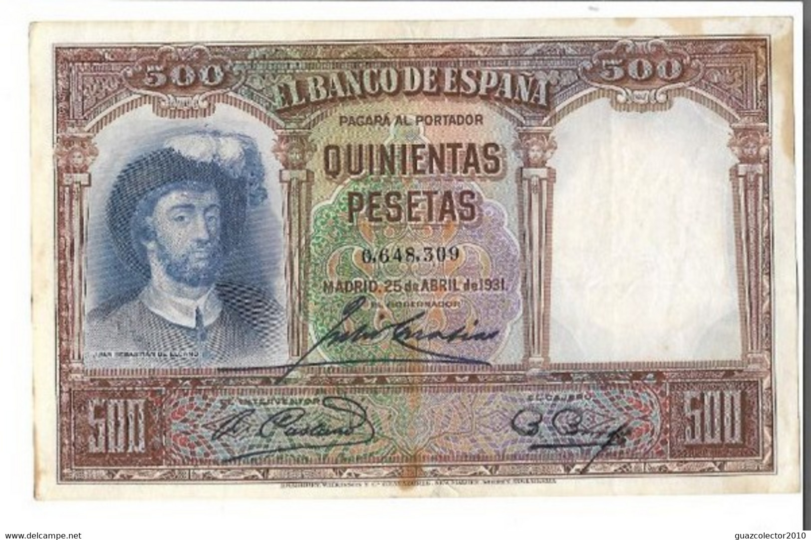 ESPAÑA: 500 PESETAS EL CANO (II REPUBLICA). AÑO 1931. SIN SERIE. MBC+. SUCIO. - 500 Peseten