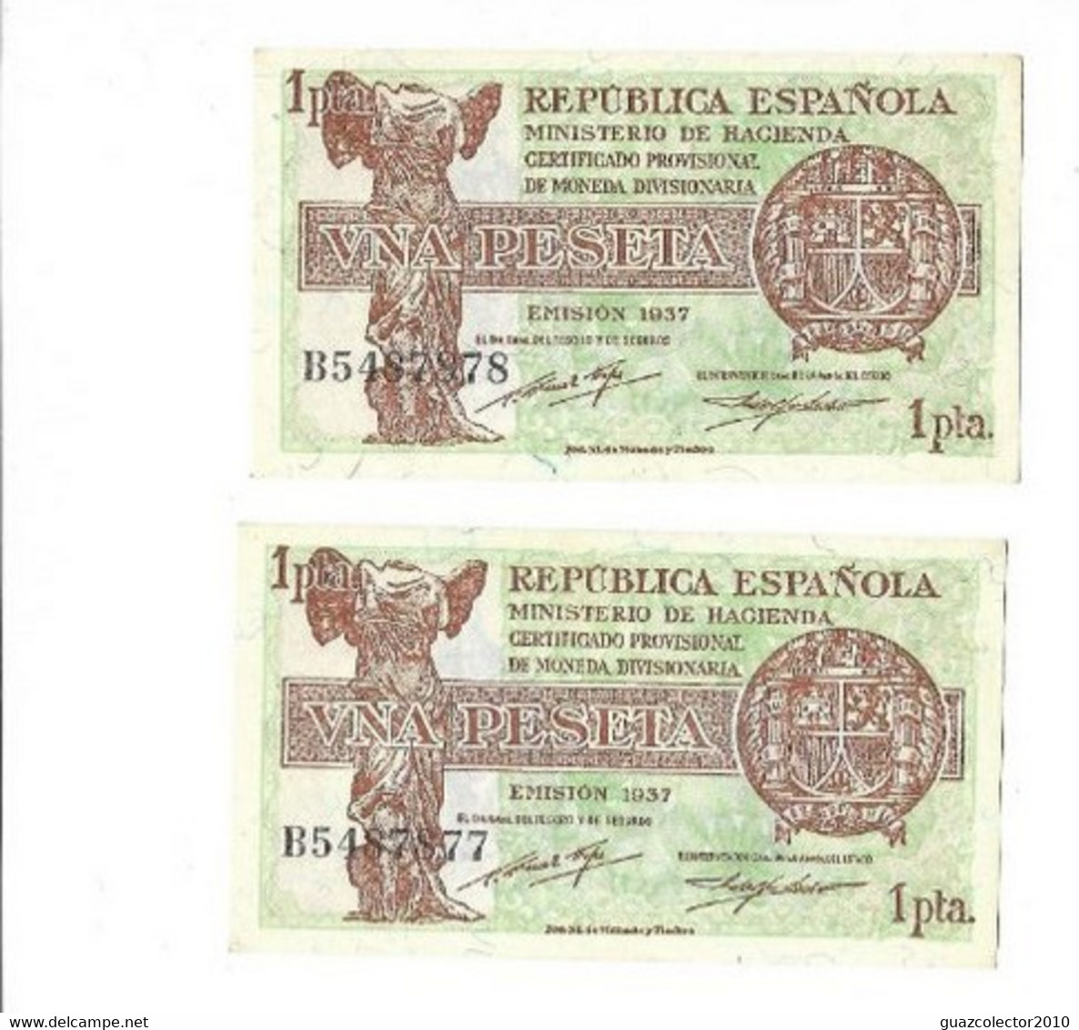 ESPAÑA: PAREJA 1 PESETA II REPUBLICA (CERT. PLATA). AÑO 1937. SERIE B. SC+. - 1-2 Peseten