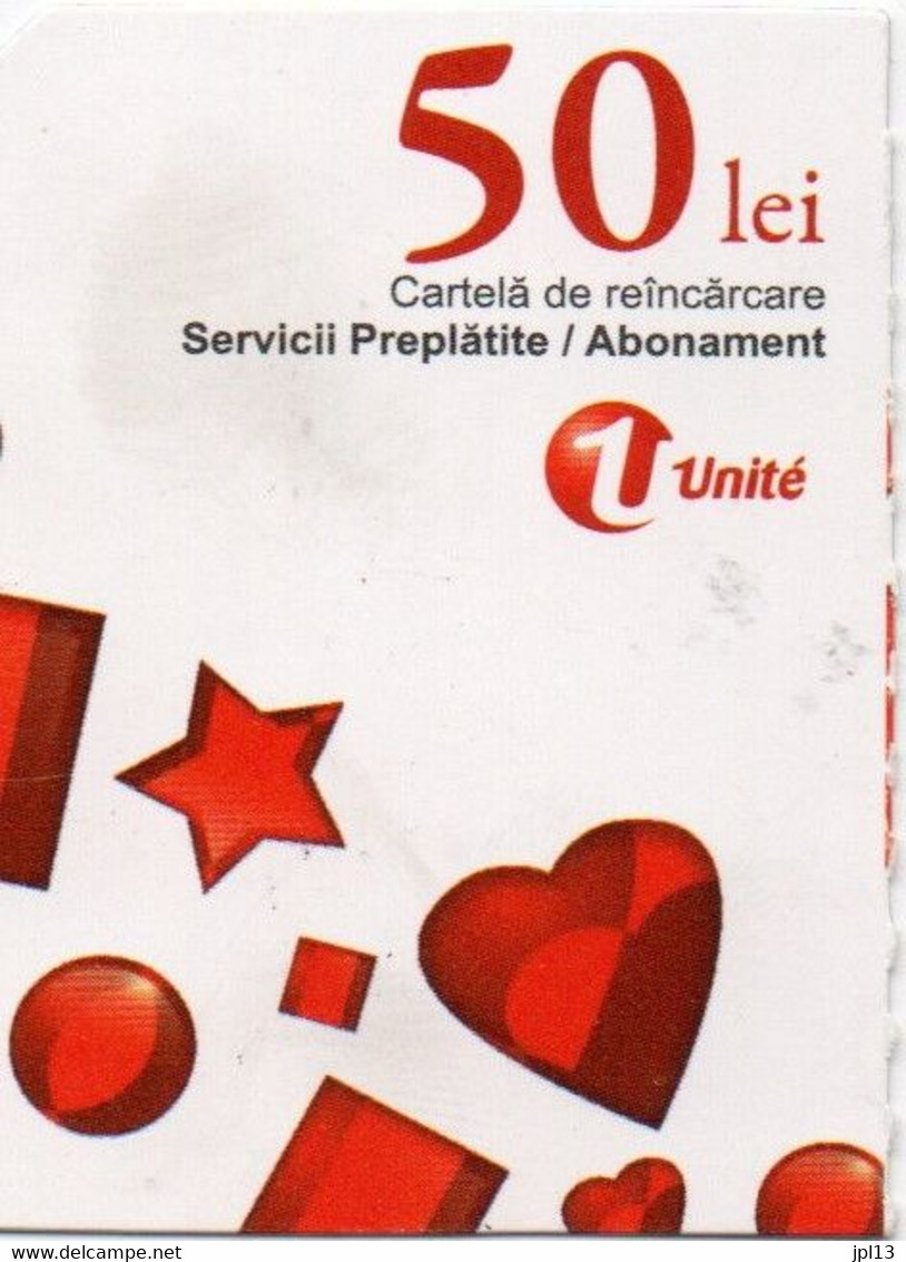Recharge GSM - Moldavie - Unité - 50 Lei Blanche Etoiles Et Coeurs Rouges, Côté Gauche, N° Série Au-dessus Code-barres - Moldawien (Moldau)
