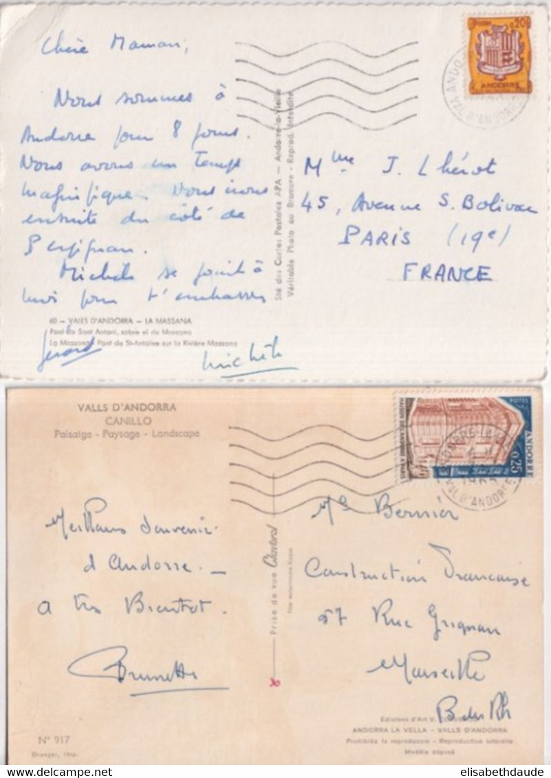 ANDORRE - 1961/65 - 2 CARTES De ANDORRE-LA-VIEILLE => PARIS ET MARSEILLE - Cartas & Documentos