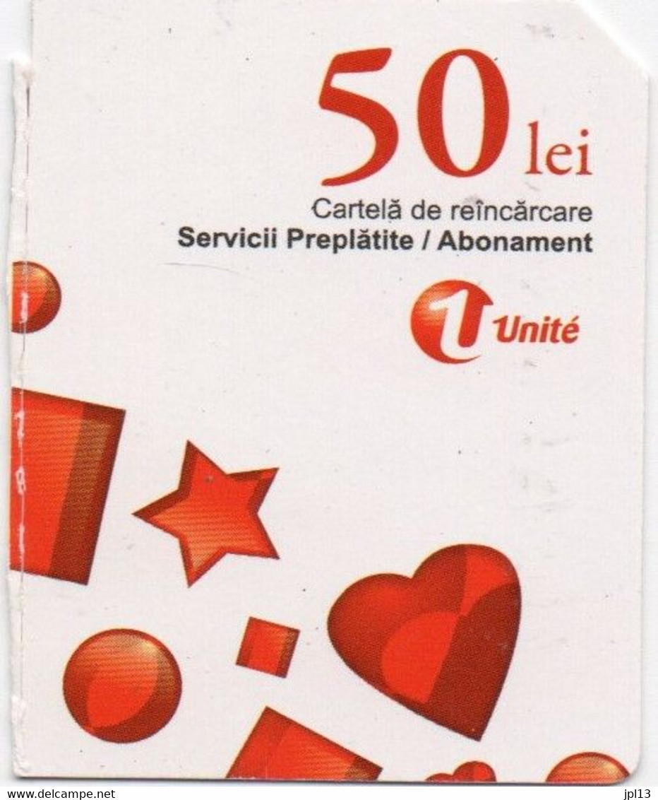 Recharge GSM - Moldavie - Unité - 50 Lei Blanche Etoiles Et Coeurs Rouges, Côté Droit, N° Série Sous Code-barres - Moldavie
