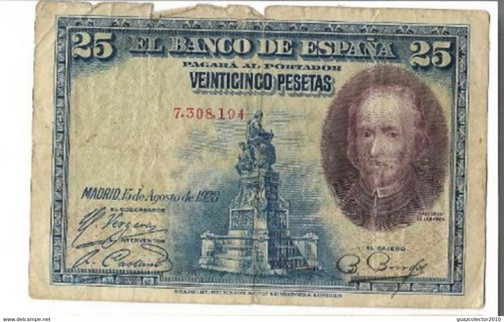 ESPAÑA: 25 PESETAS CALDERÓN (ALFONSO XII). AÑO 1928. SIN SERIE. MAL. DISCRETO. ENVIO GRATIS. - 25 Pesetas