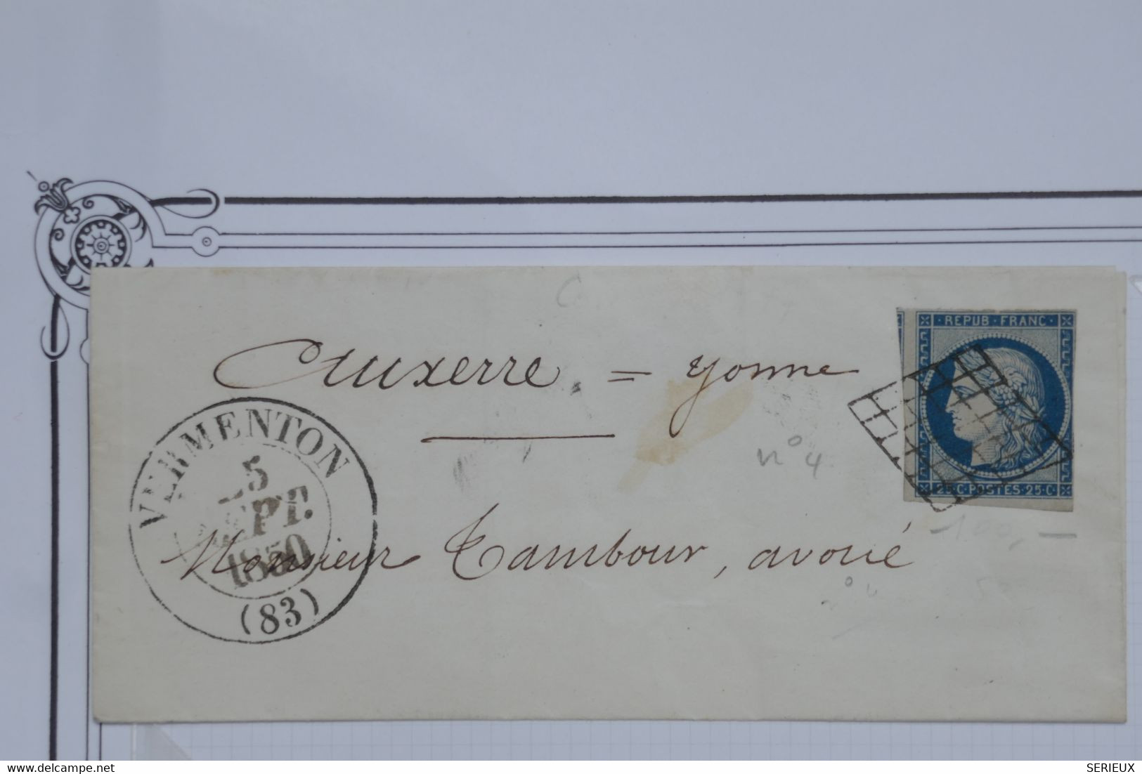 #17 FRANCE  BELLE LETTRE 25 09 1850 VERMENTON  POUR  AUXERRE  YONNE + CERES N°4 + VOISIN ++ AFFRANCH.  INTERESSANT - 1849-1850 Cérès