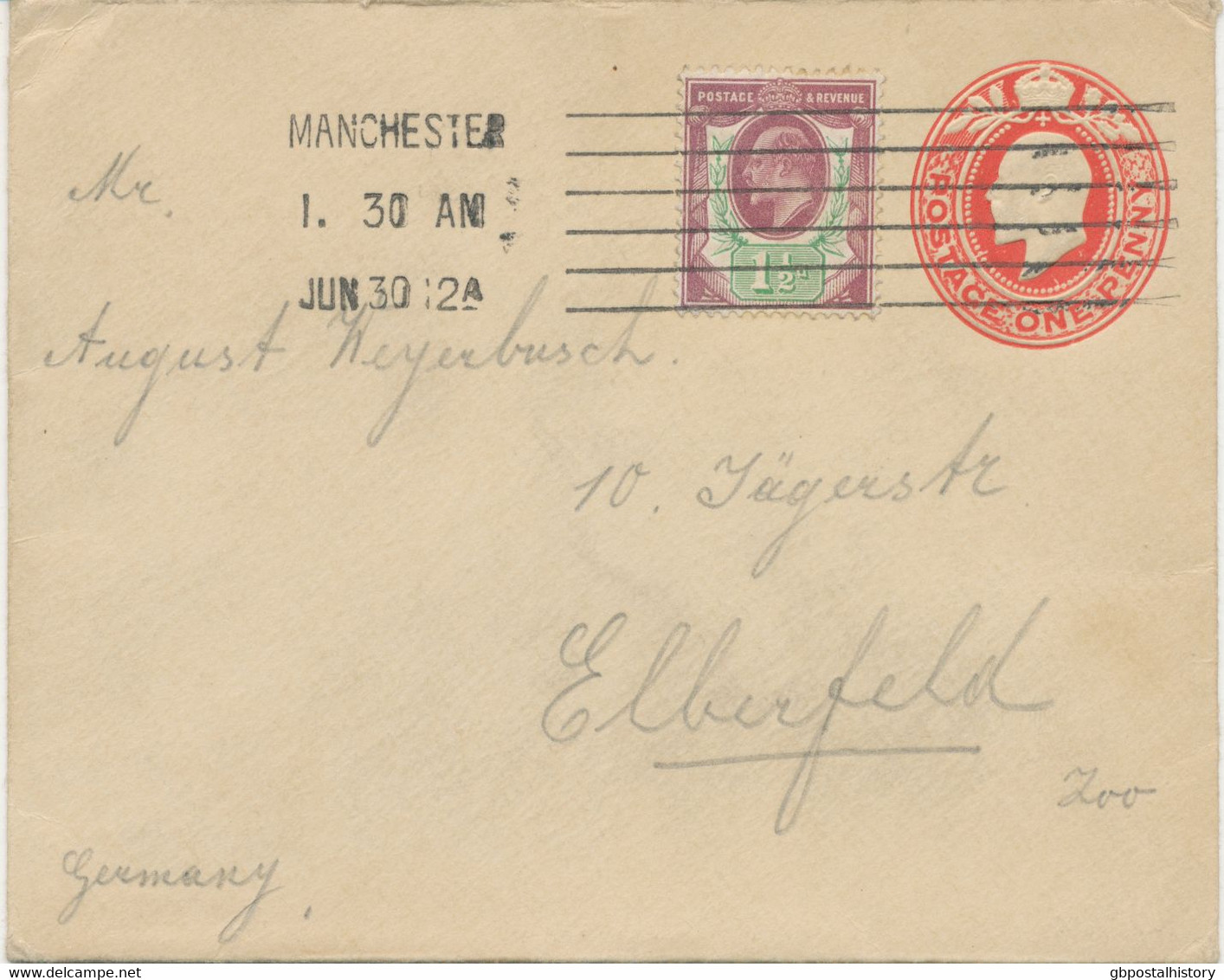 GB 1912, Superb EVII 1 D Red Postal Stationery Envelope Uprated With 1 ½ D Somerset House Printing Tied By MANCHESTER - Covers & Documents