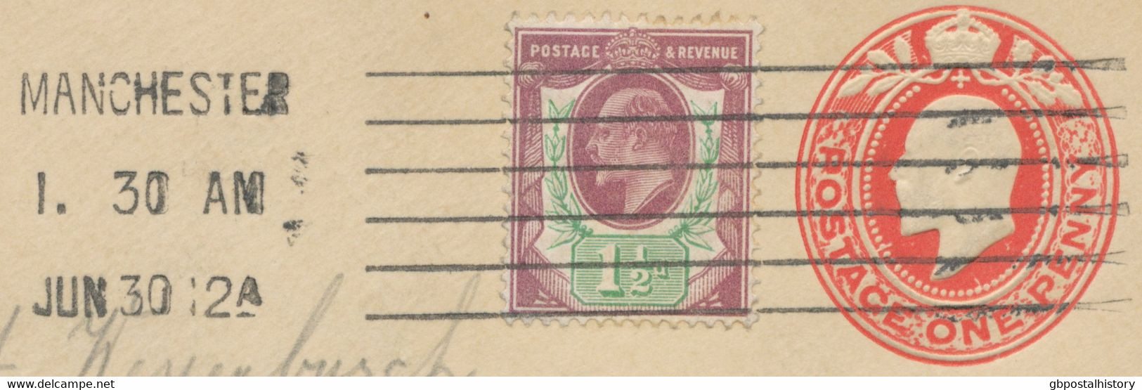 GB 1912, Superb EVII 1 D Red Postal Stationery Envelope Uprated With 1 ½ D Somerset House Printing Tied By MANCHESTER - Storia Postale