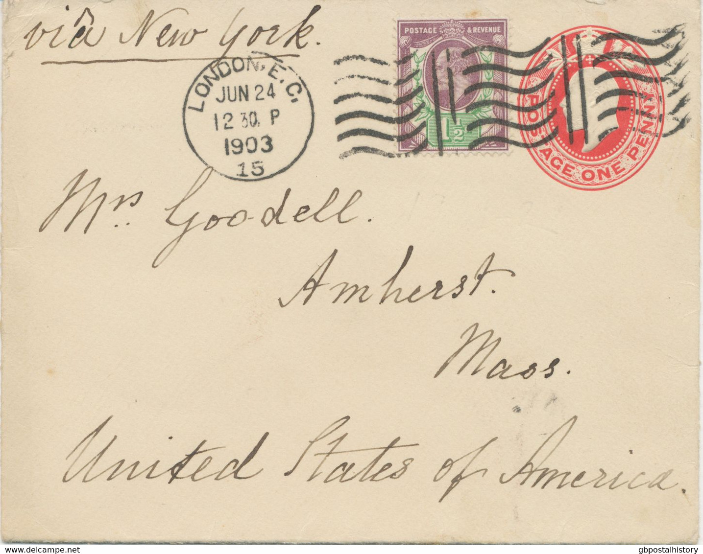 GB 1903, Superb EVII 1 D Red Postal Stationery Envelope Uprated With 1 ½ D Tied By „LONDON-E.C. / 15“ Columbia (segment - Covers & Documents