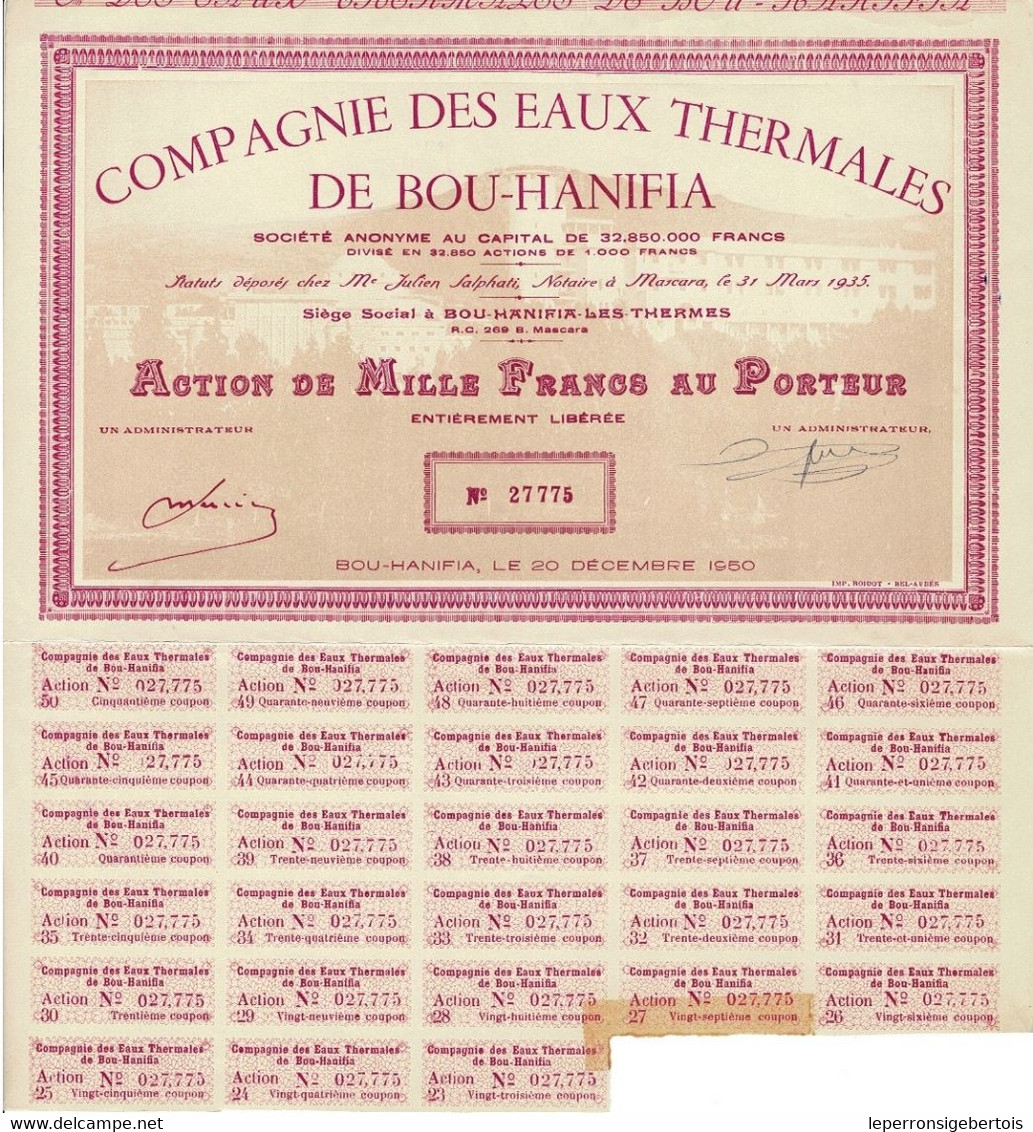 Titre Ancien - Compagnie Des Eaux Thermales De Bou-Hanifia - Société Anonyme - Titre De 1950 N° 27774 VF - Water