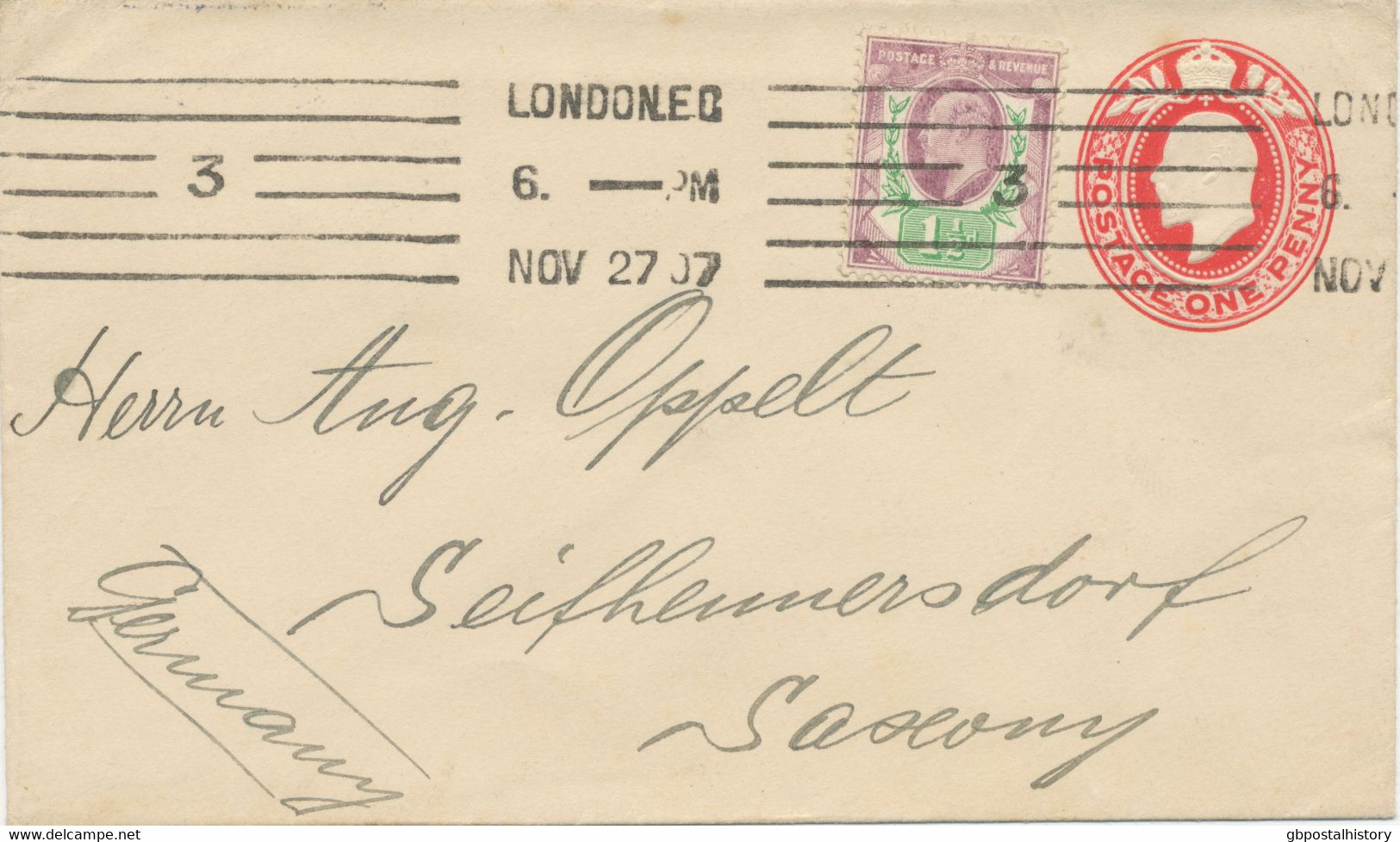 GB 1907, Superb EVII 1d Red Postal Stationery Envelope Uprated With 1 ½d Chalky Paper Tied By „LONDON E.C. / 3“ - Storia Postale