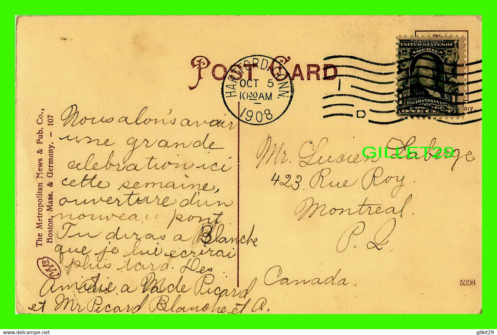 HARTFORD, CT - FOUNTAIN - TRAVEL IN 1908 -  THE METROPOLIS NEWS & PUB CO - - Hartford