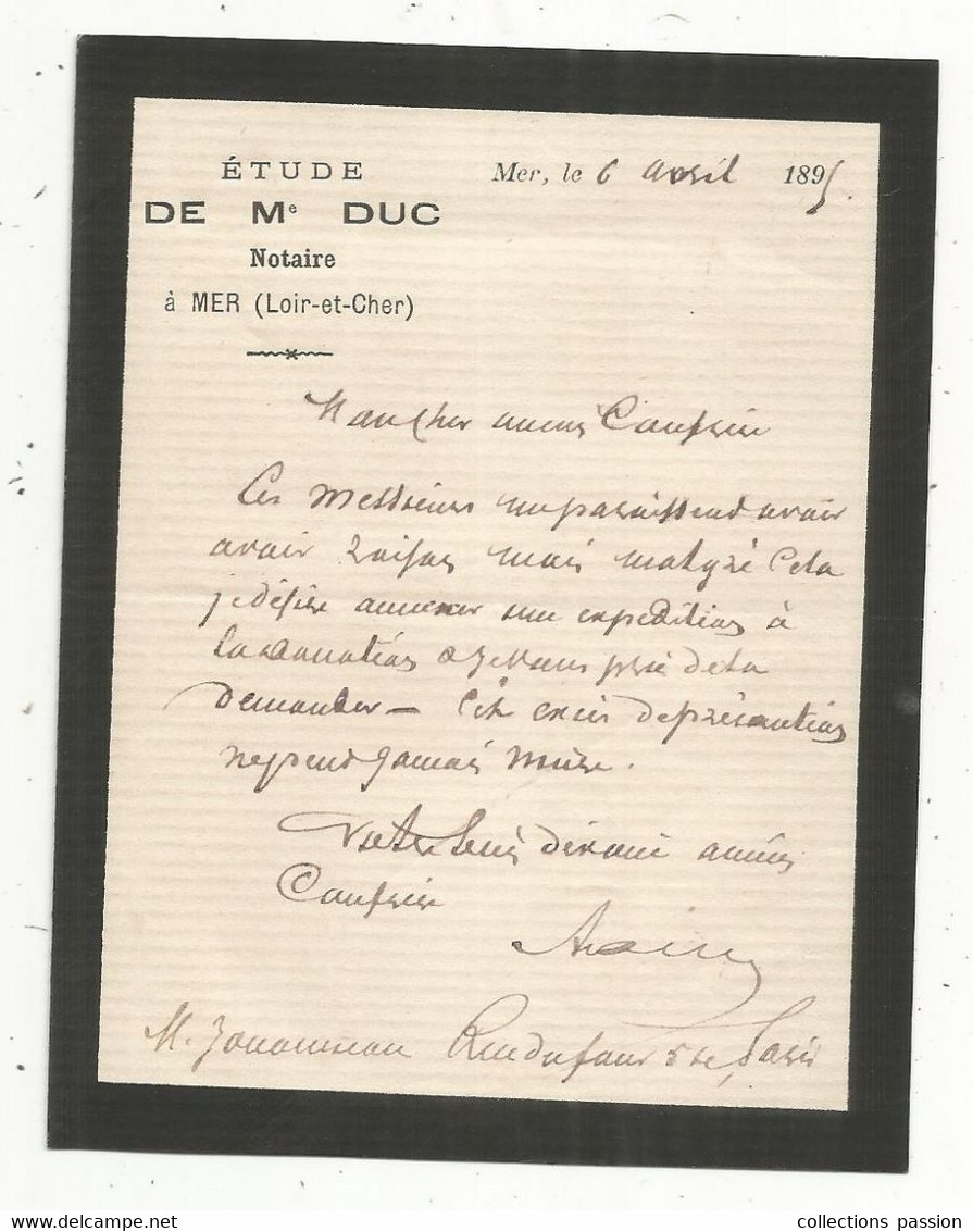 Courrier , étude De Me DUC , Notaire à MER , Loir Et Cher , 1895 - Ohne Zuordnung