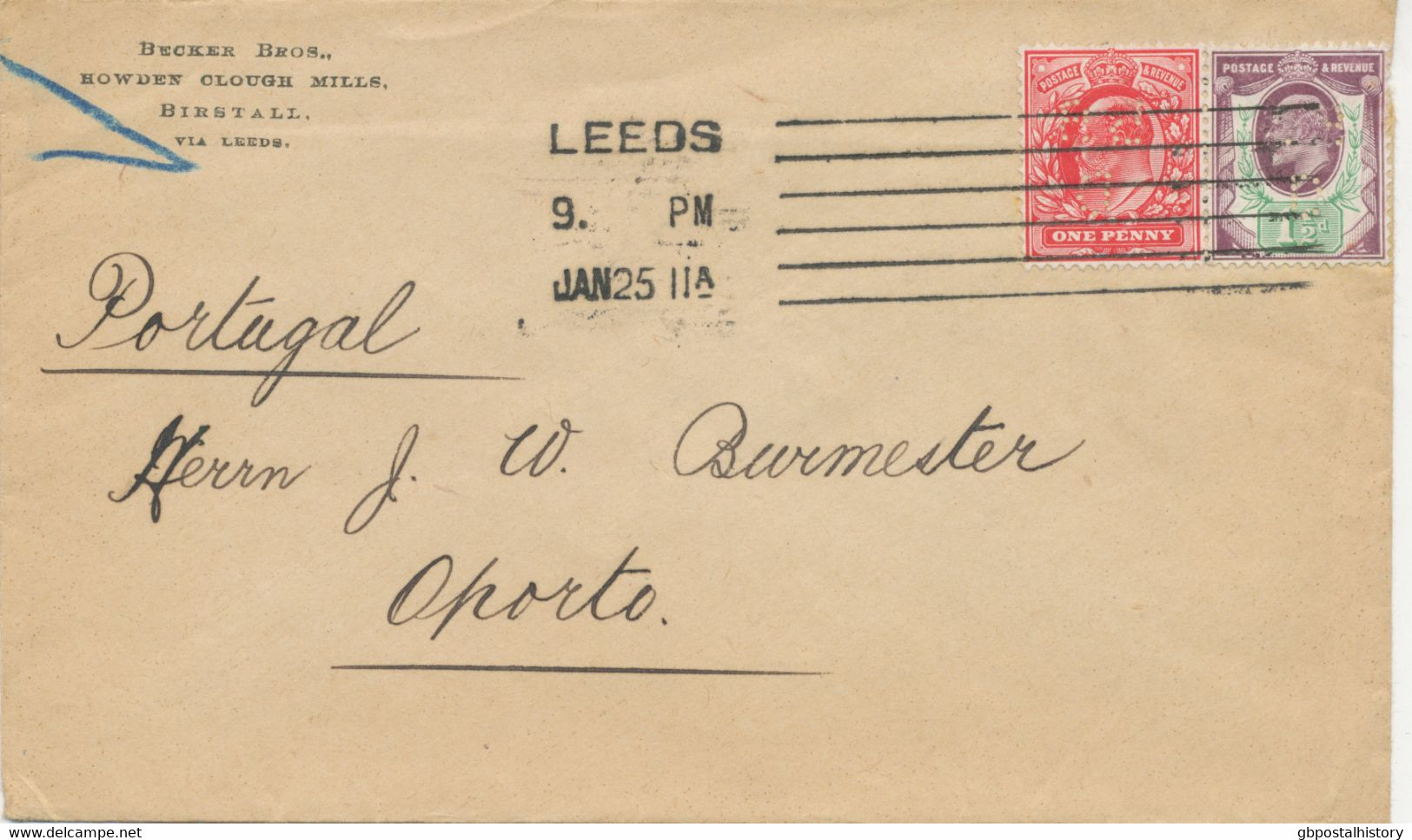 GB 1911 King EVII 1d And 1 ½d Mixed Postage (both PERFINS „BS / D“, 1 D Reversed!) Tied By LEEDS Columbia Machine - Covers & Documents