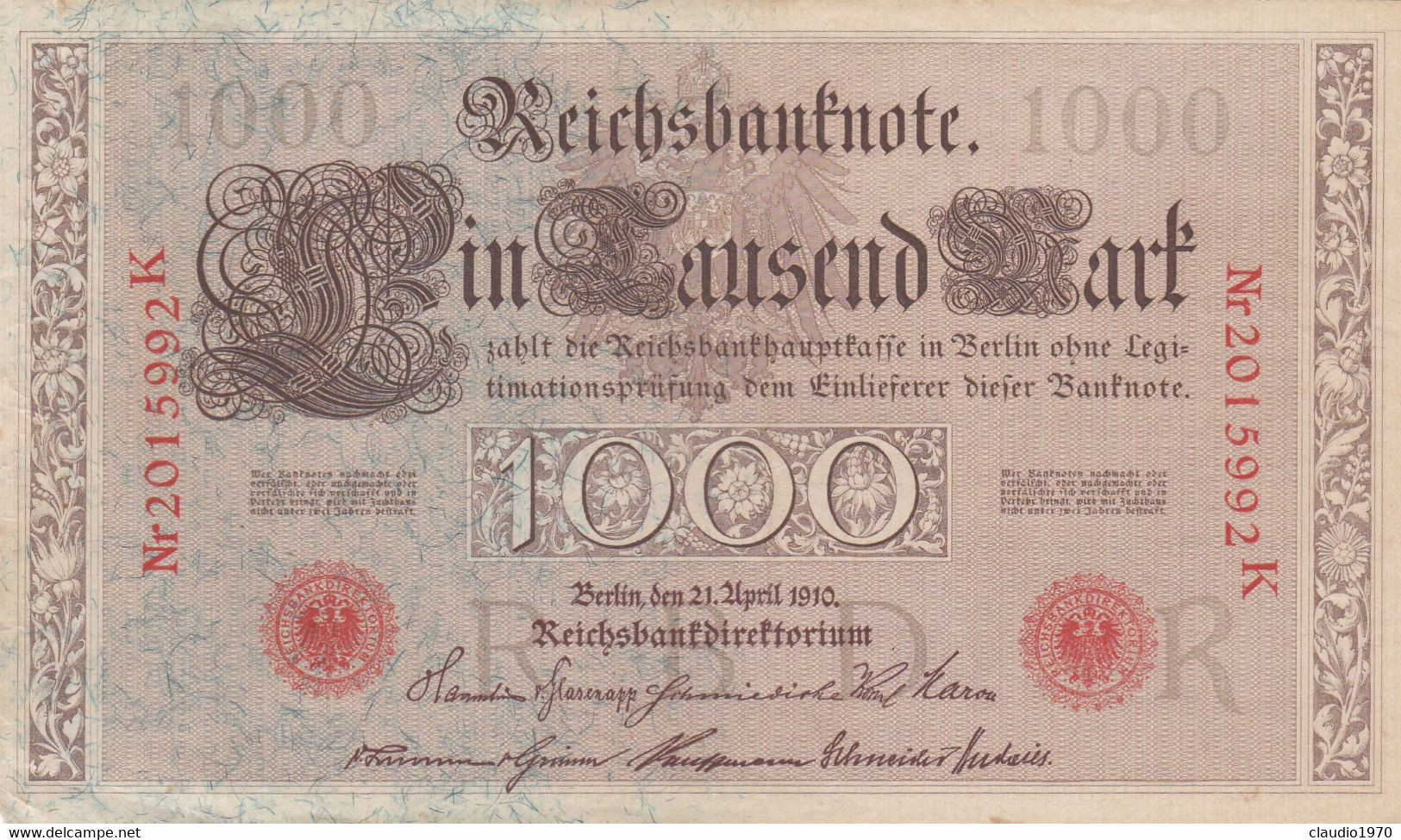 GERMANIA - 1910 PERIODO IMPERO BANCONOTE TEDESCA 1000 EINTAUSEND ZART MARK GERMANY - 1.000 Mark