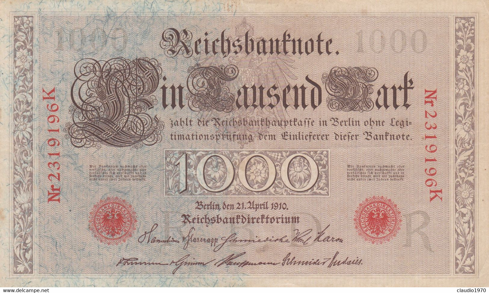 GERMANIA - 1910 PERIODO IMPERO BANCONOTE TEDESCA 1000 EINTAUSEND ZART MARK GERMANY - 1000 Mark