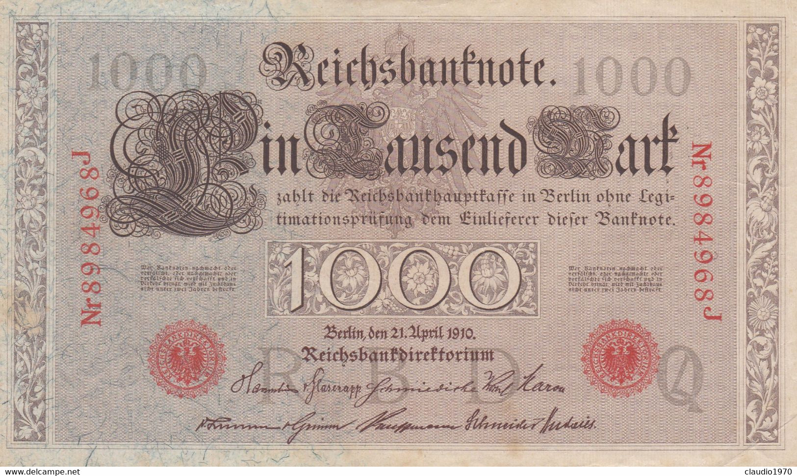 GERMANIA - 1910 PERIODO IMPERO BANCONOTE TEDESCA 1000 EINTAUSEND ZART MARK GERMANY - 1000 Mark