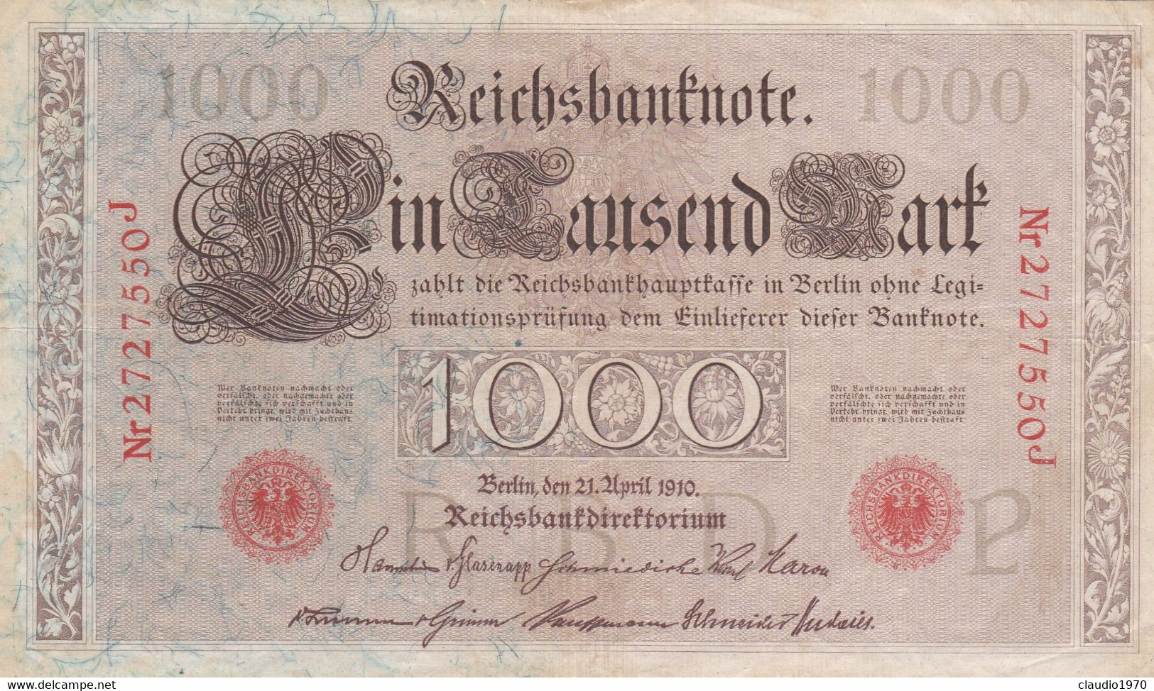 GERMANIA - 1910 PERIODO IMPERO BANCONOTE TEDESCA 1000 EINTAUSEND ZART MARK GERMANY - 1000 Mark