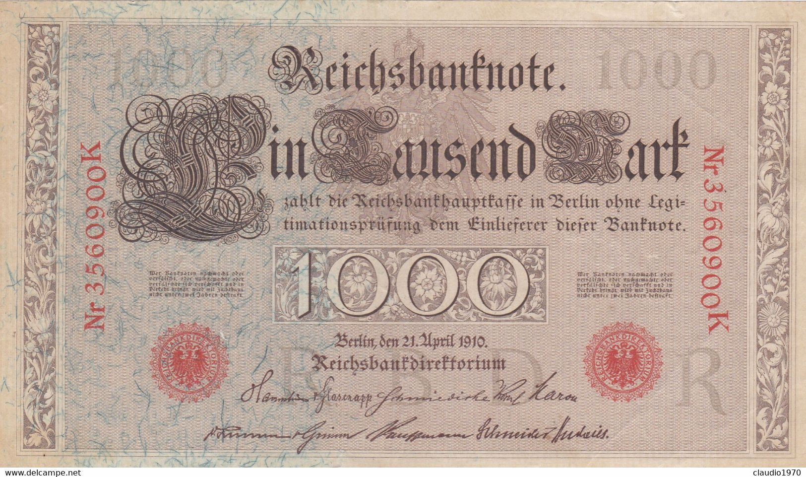 GERMANIA - 1910 PERIODO IMPERO BANCONOTE TEDESCA 1000 EINTAUSEND ZART MARK GERMANY - 1000 Mark