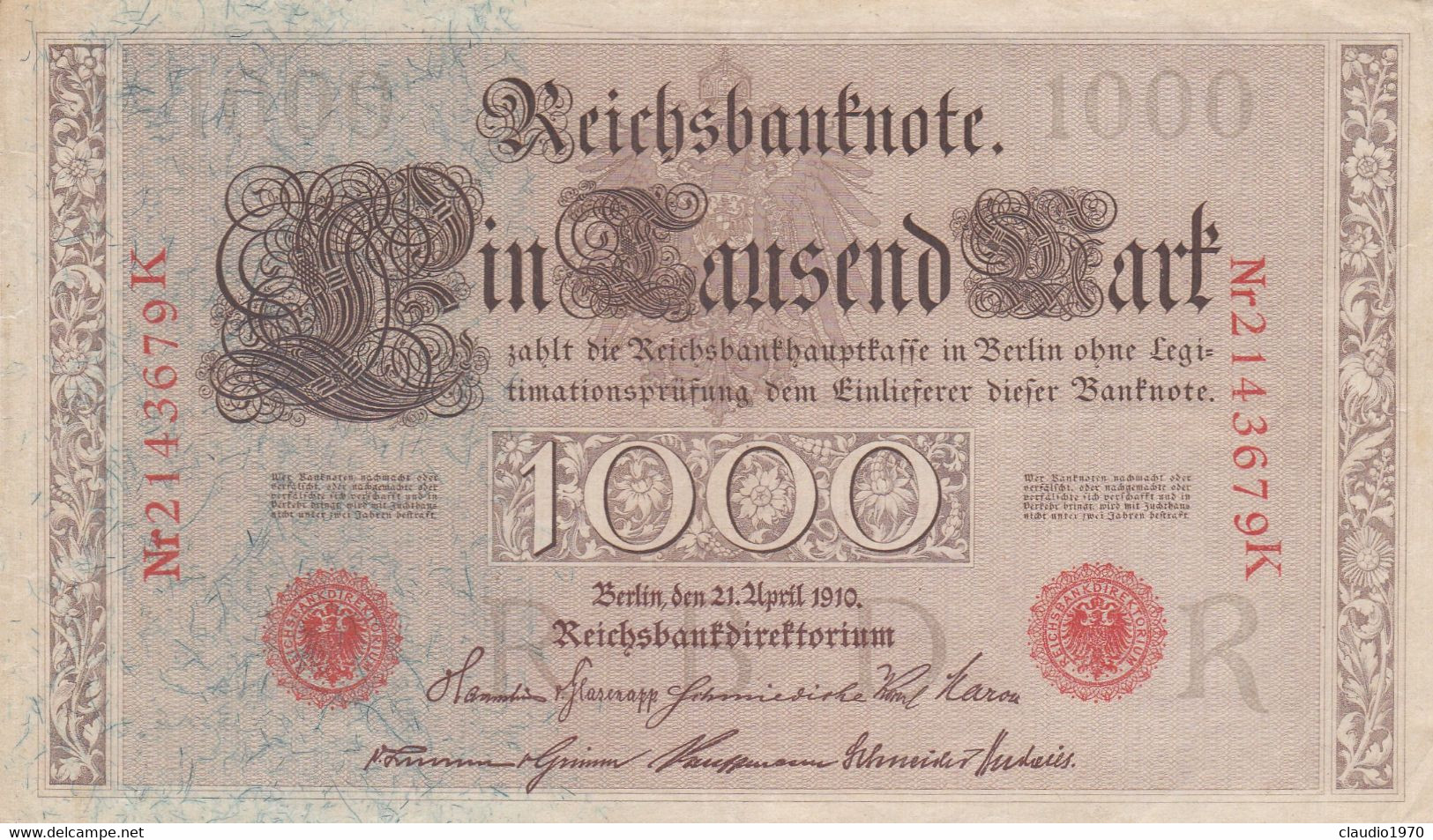 GERMANIA - 1910 PERIODO IMPERO BANCONOTE TEDESCA 1000 EINTAUSEND ZART MARK GERMANY - 1.000 Mark