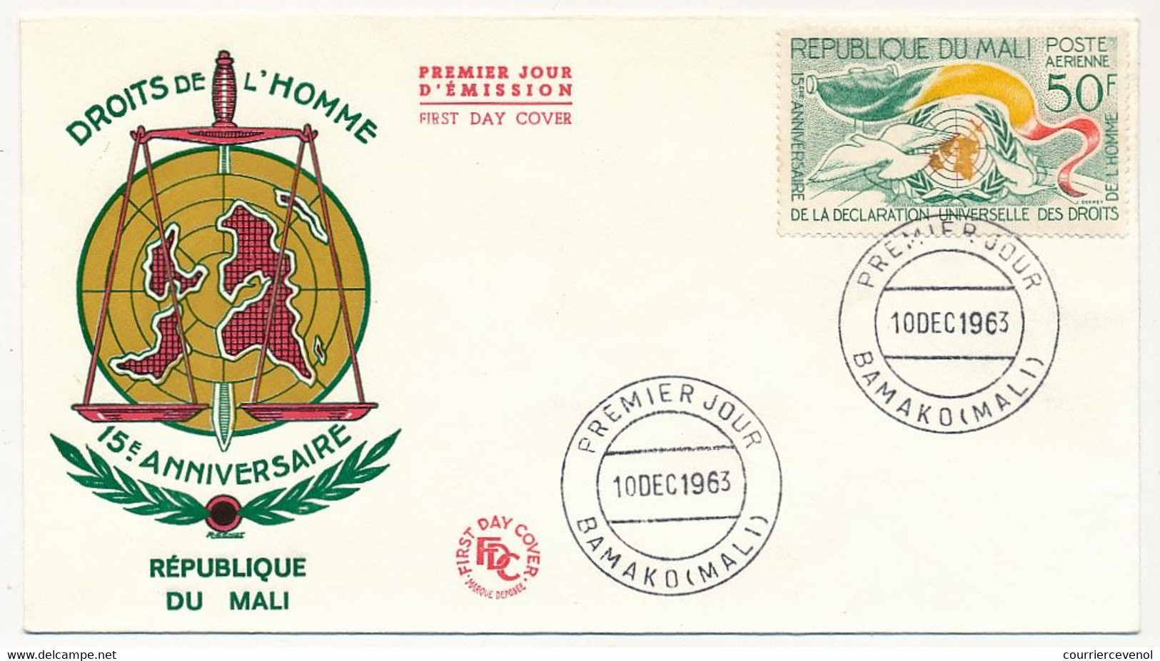 MALI => Env. FDC => 50F PA 15eme Anniversaire De La Déclaration Des Droits De L'homme - 10 Déc 1963 Bamako - Mali (1959-...)