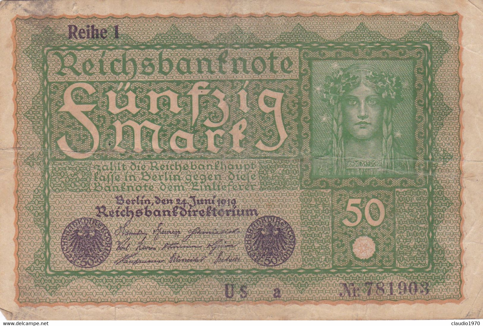 GERMANIA - 1919 BANCONOTE TEDESCA  - REPUBBLICA DI WEIMAR BANCONOTE - 50 FUNFZIG MARK - 50 Mark