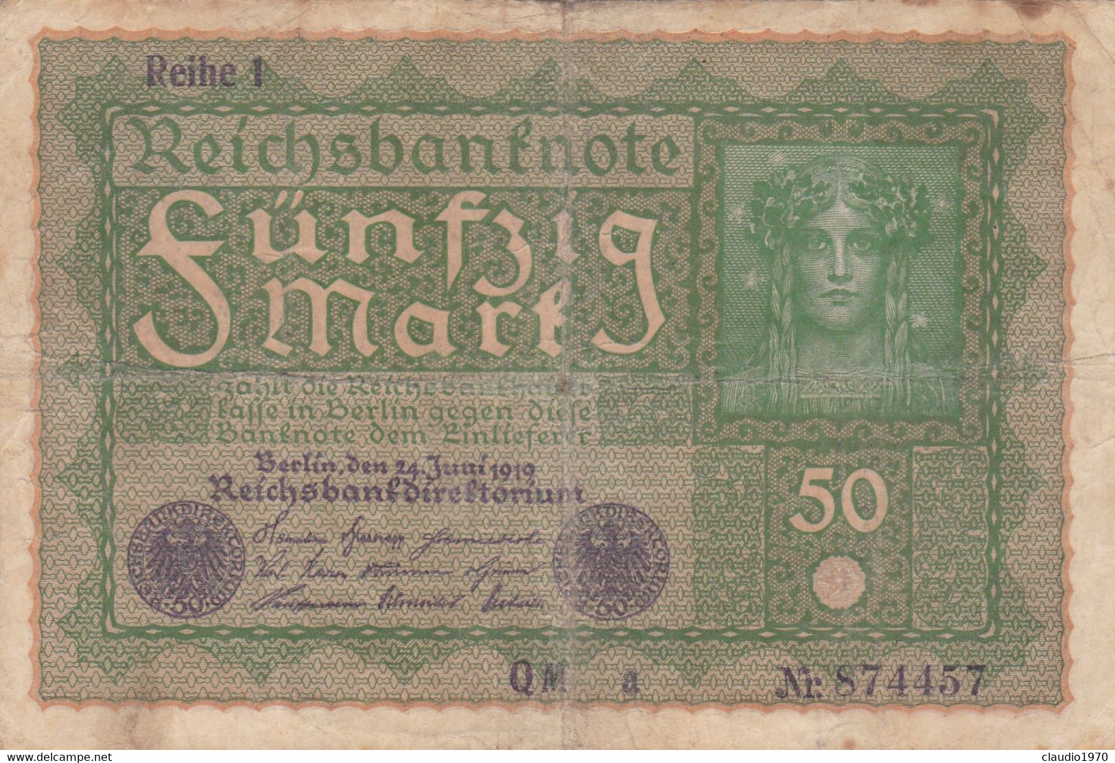 GERMANIA - 1919 BANCONOTE TEDESCA  - REPUBBLICA DI WEIMAR BANCONOTE - 50 FUNFZIG MARK - 50 Mark