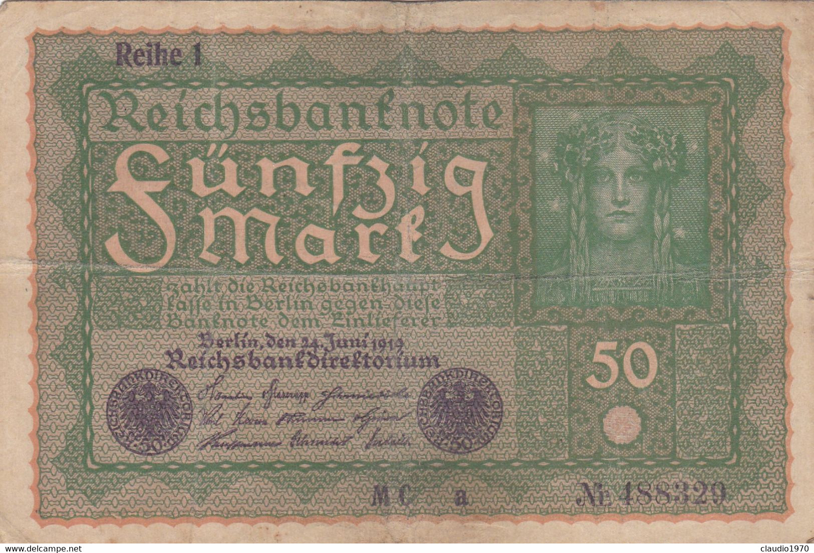 GERMANIA - 1919 BANCONOTE TEDESCA  - REPUBBLICA DI WEIMAR BANCONOTE - 50 FUNFZIG MARK - 50 Mark