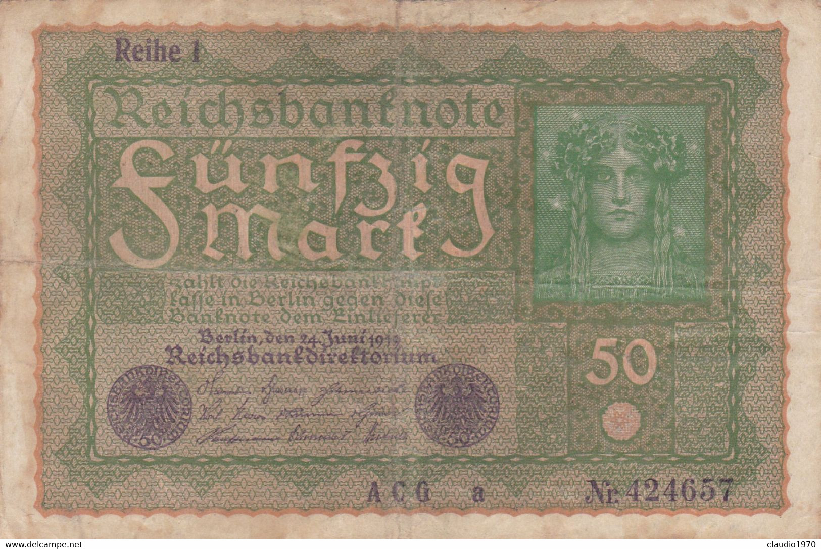 GERMANIA - 1919 BANCONOTE TEDESCA  - REPUBBLICA DI WEIMAR BANCONOTE - 50 FUNFZIG MARK - 50 Mark