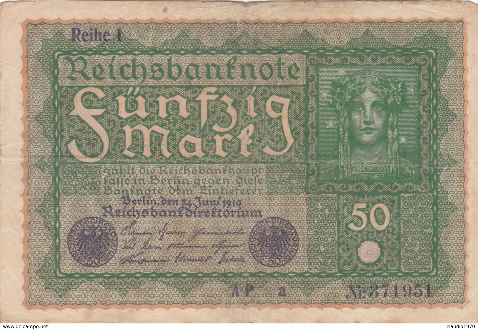 GERMANIA - 1919 BANCONOTE TEDESCA  - REPUBBLICA DI WEIMAR BANCONOTE - 50 FUNFZIG MARK - 50 Mark