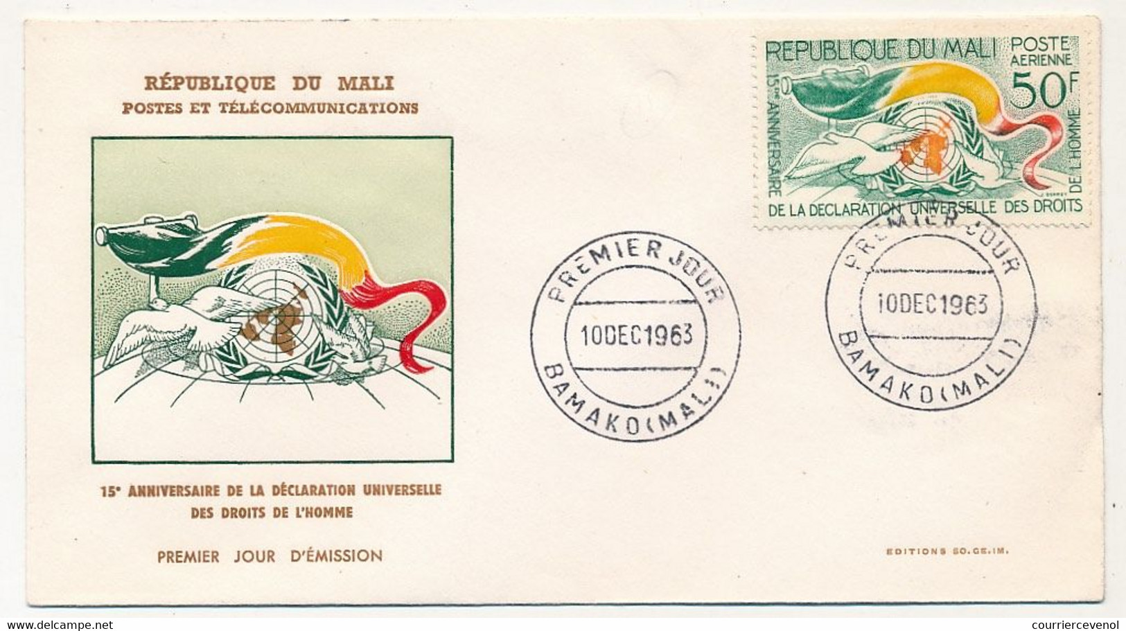 MALI => Env. FDC => 50F PA 15eme Anniversaire De La Déclaration Des Droits De L'homme - 10 Déc 1963 Bamako - Malí (1959-...)