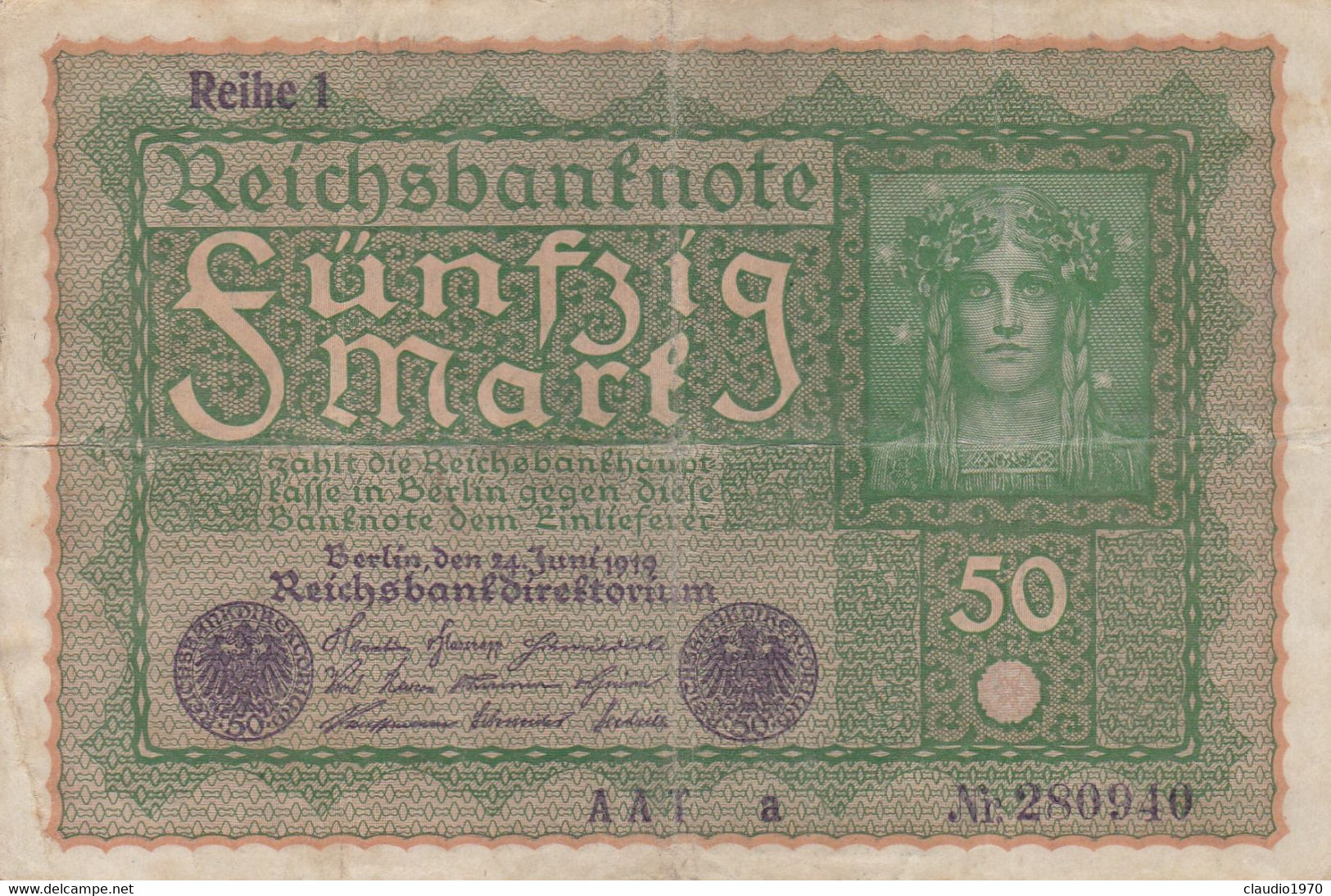 GERMANIA - 1919 BANCONOTE TEDESCA  - REPUBBLICA DI WEIMAR BANCONOTE - 50 FUNFZIG MARK - 50 Mark