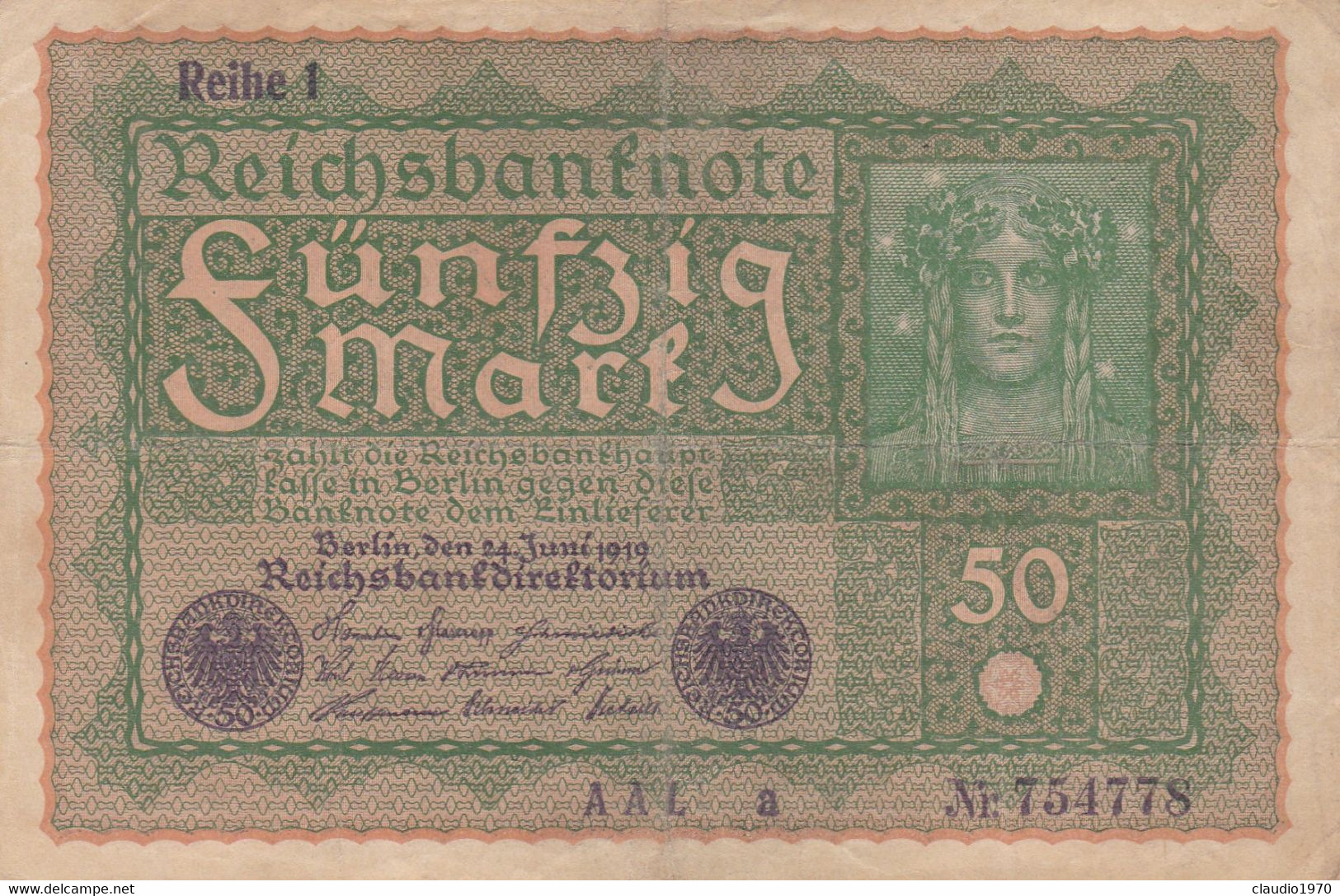 GERMANIA - 1919 BANCONOTE TEDESCA  - REPUBBLICA DI WEIMAR BANCONOTE - 50 FUNFZIG MARK - 50 Mark