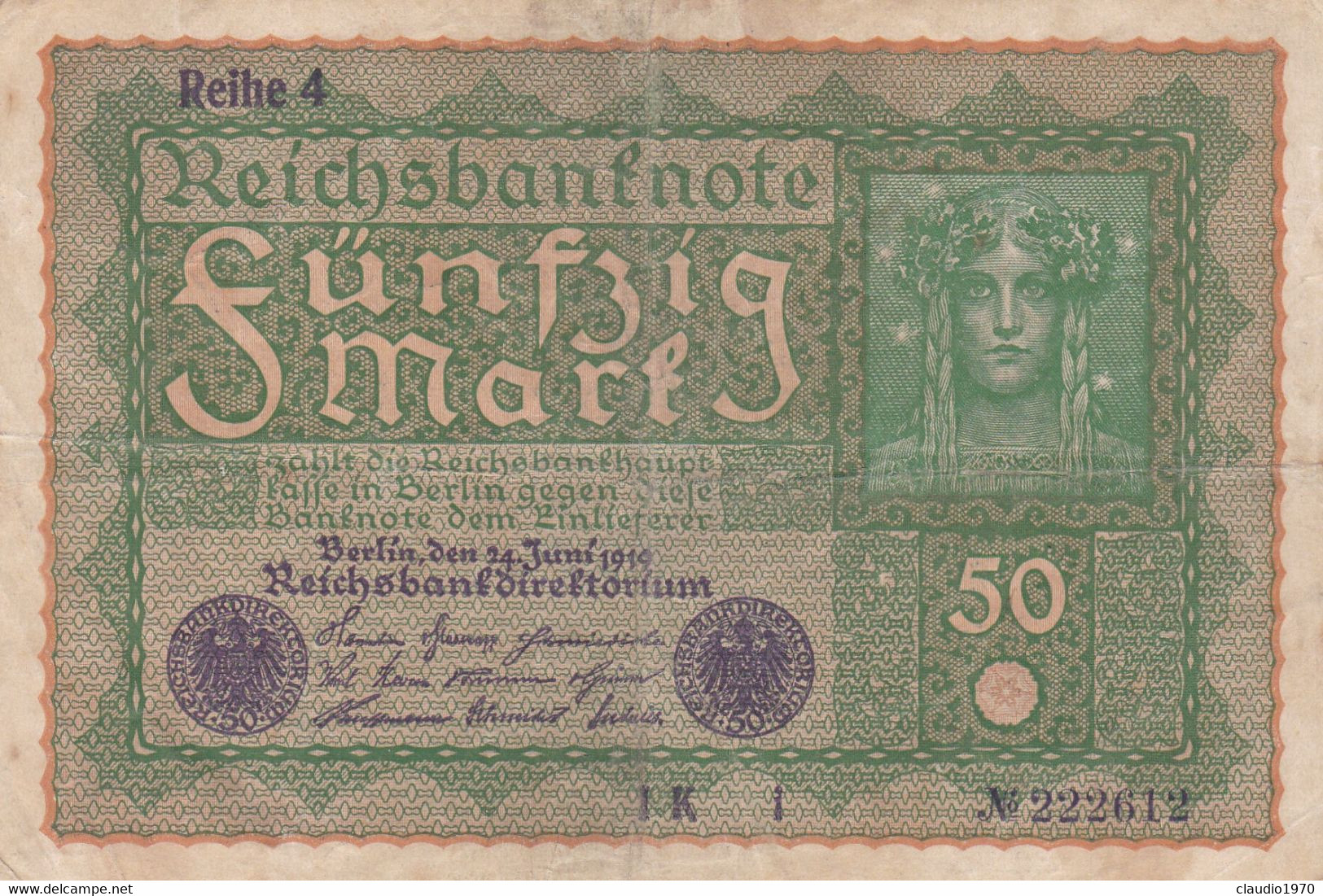 GERMANIA - 1919 BANCONOTE TEDESCA  - REPUBBLICA DI WEIMAR BANCONOTE - 50 FUNFZIG MARK - 50 Mark